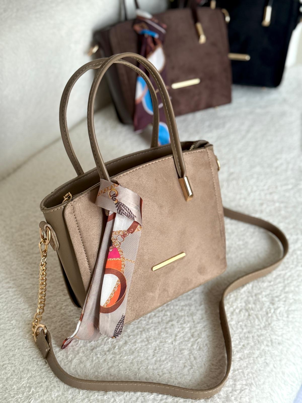 Fular Detaylı Hasır Görünümlü Yarı Zincir Yarı Deri Askılı Bayan Çapraz Çanta  - Vizon