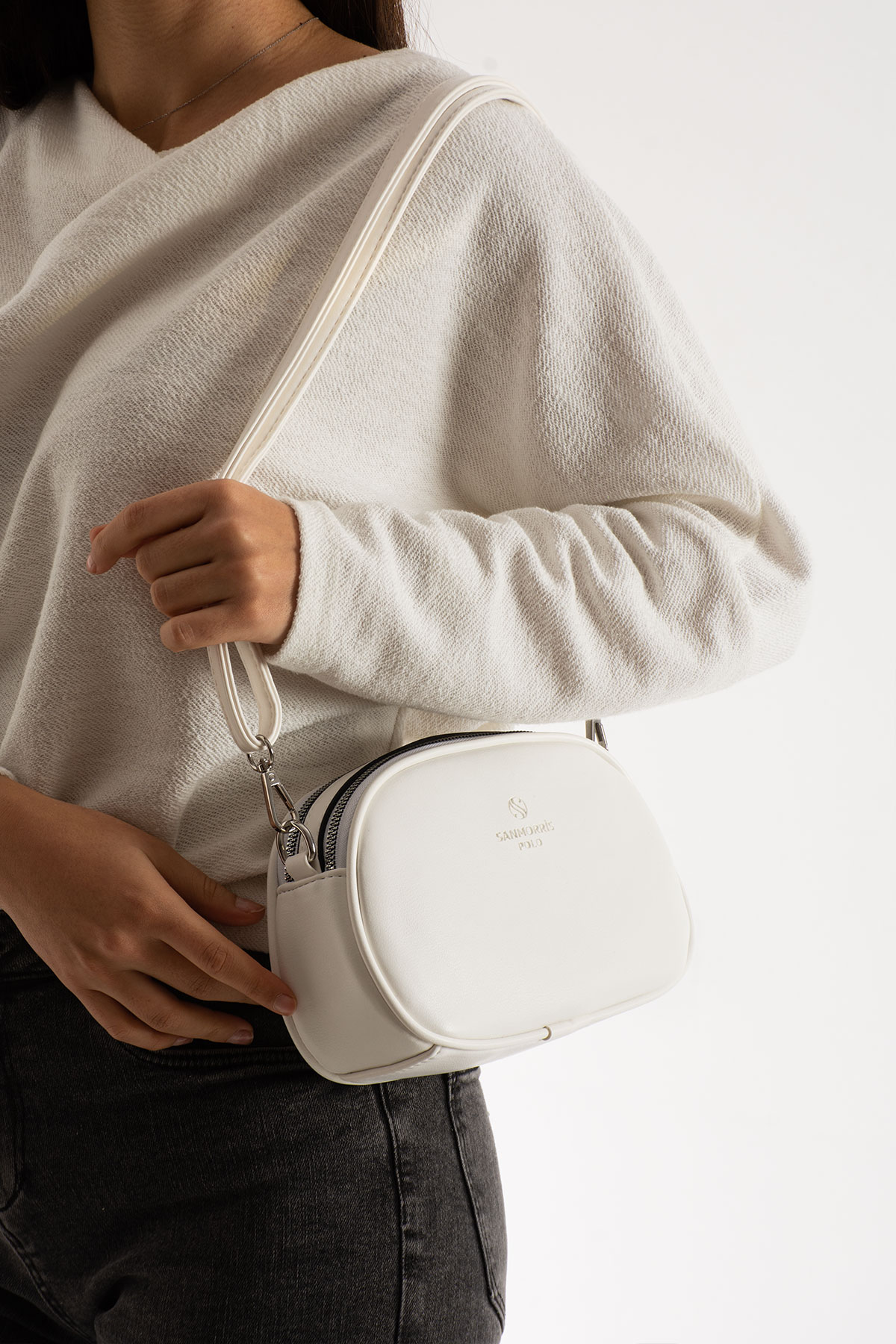 3 Gözlü Astarlı Ayarlanabilir Uzun Askılı Bayan Çapraz Çanta - Beyaz