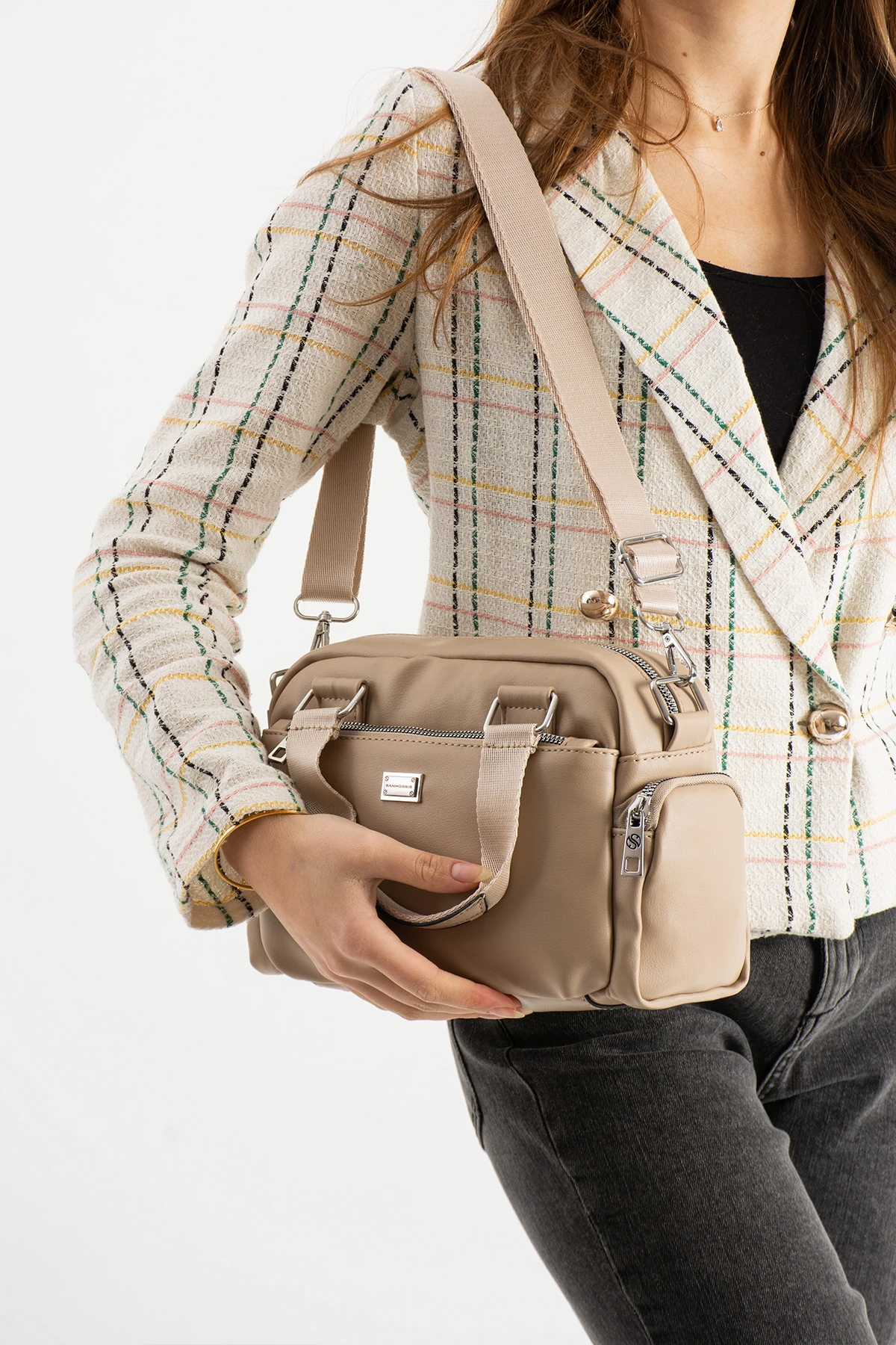 4 Gözlü Ayarlanabilir Kolon Askılı Astarlı Bayan El Ve Çapraz Çanta - Koyu Vizon