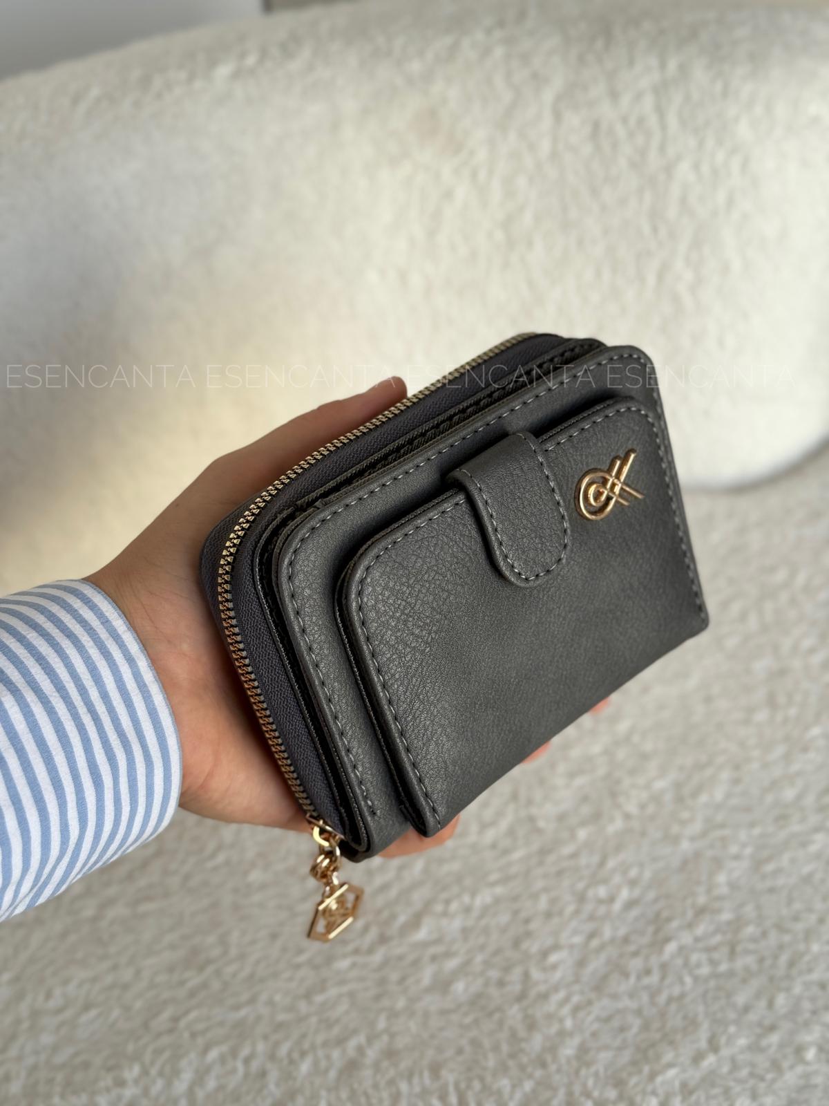 Logo Detaylı Küçük Boy Çok Gözlü Bayan Cüzdan - Gri