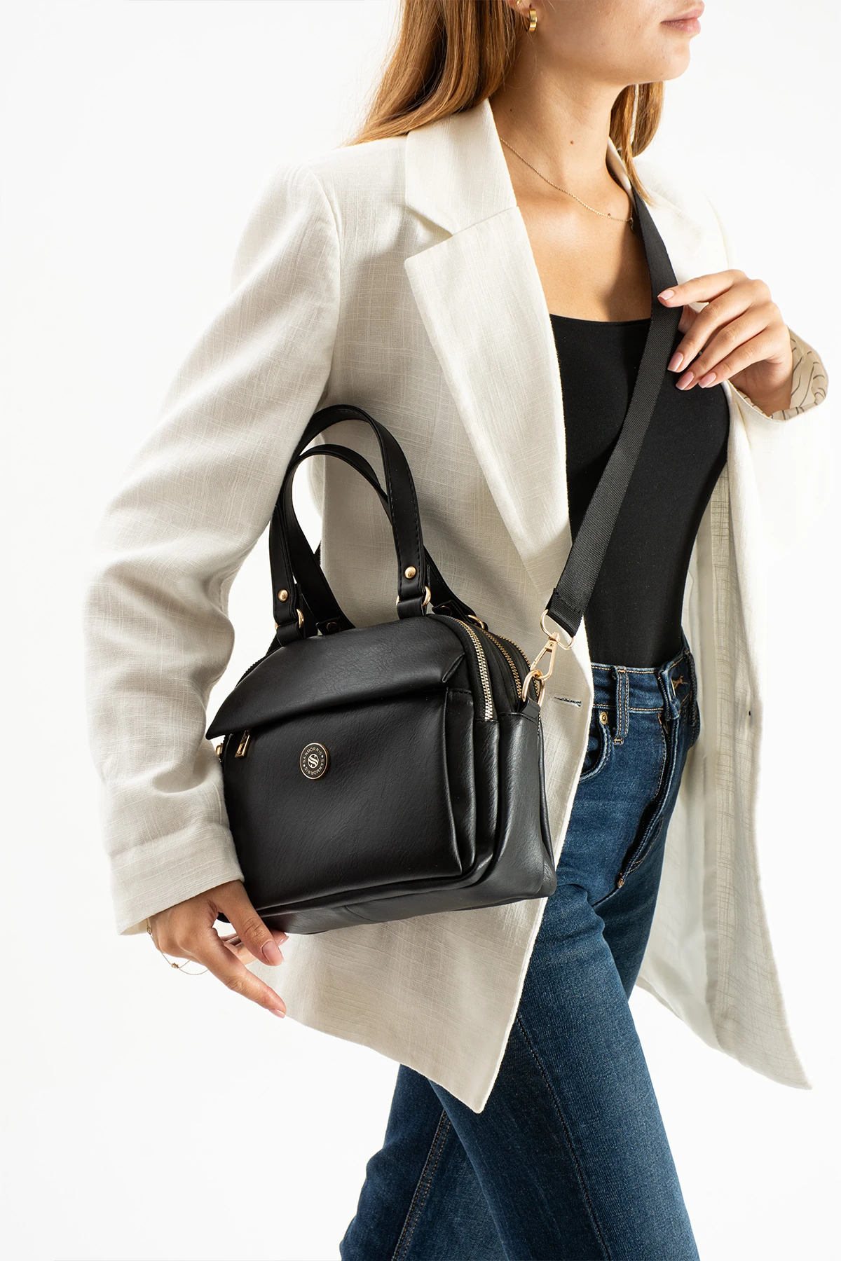 5 Gözlü Astarlı Ayarlanabilir Kolon Askılı Bayan El Ve Çapraz Çanta  - Siyah