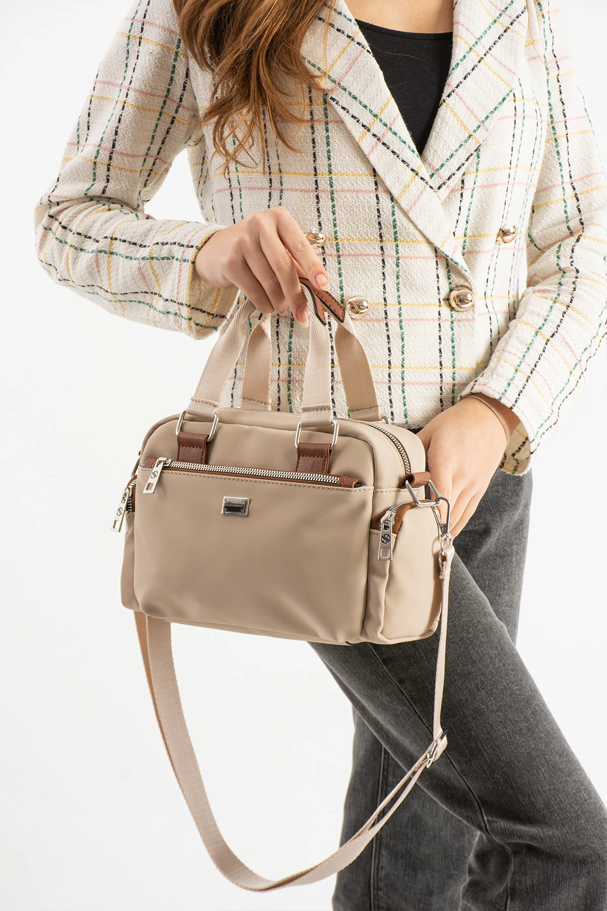 4 Gözlü Ayarlanabilir Kolon Askılı Astarlı Bayan El Ve Çapraz Çanta - Vizon