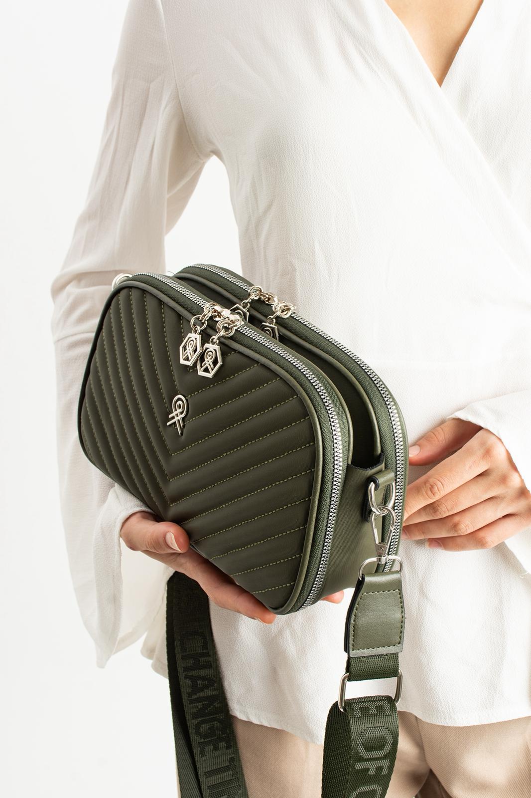 4 Bölmeli Nakışlı Ayarlanabilir Kolon Askılı Bayan Çapraz Çanta - Haki