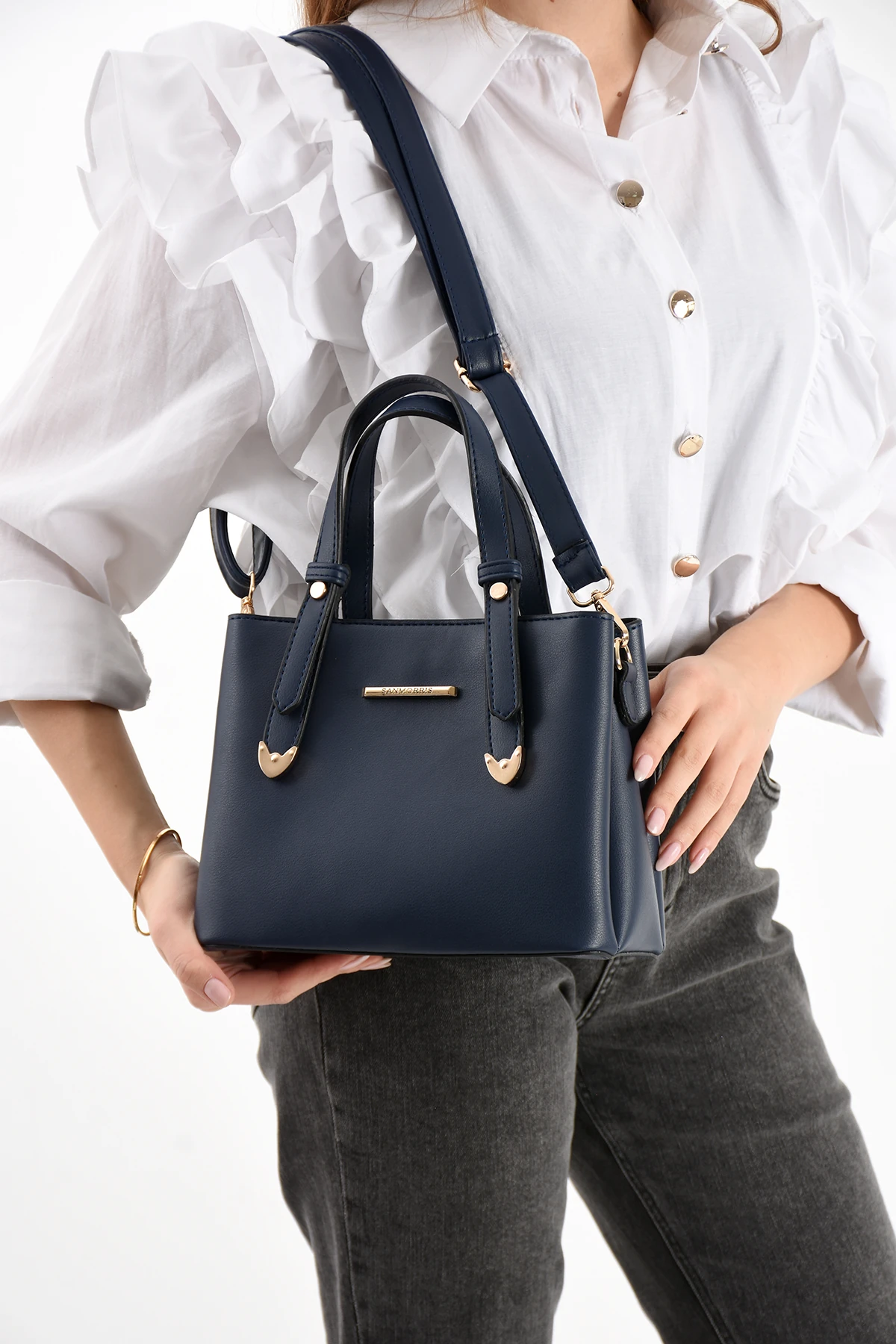 3 Gözlü Astarlı Ayarlanabilir Uzun Askılı El Ve Çapraz Bayan Çanta - Lacivert