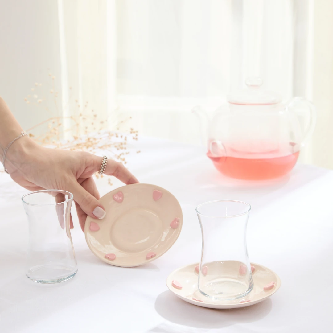 Kalpli Çay Bardağı Altlığı 2 Adet - Pembe