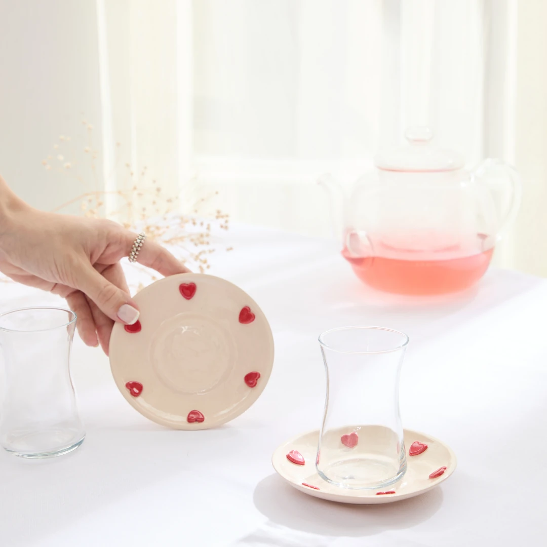 Kalpli Çay Bardağı Altlığı 2 Adet - Kırmızı