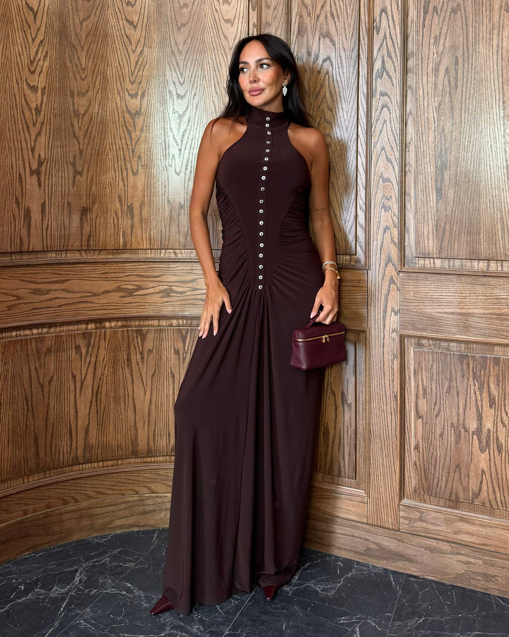 Drape Detaylı Düğmeli Uzun Elbise