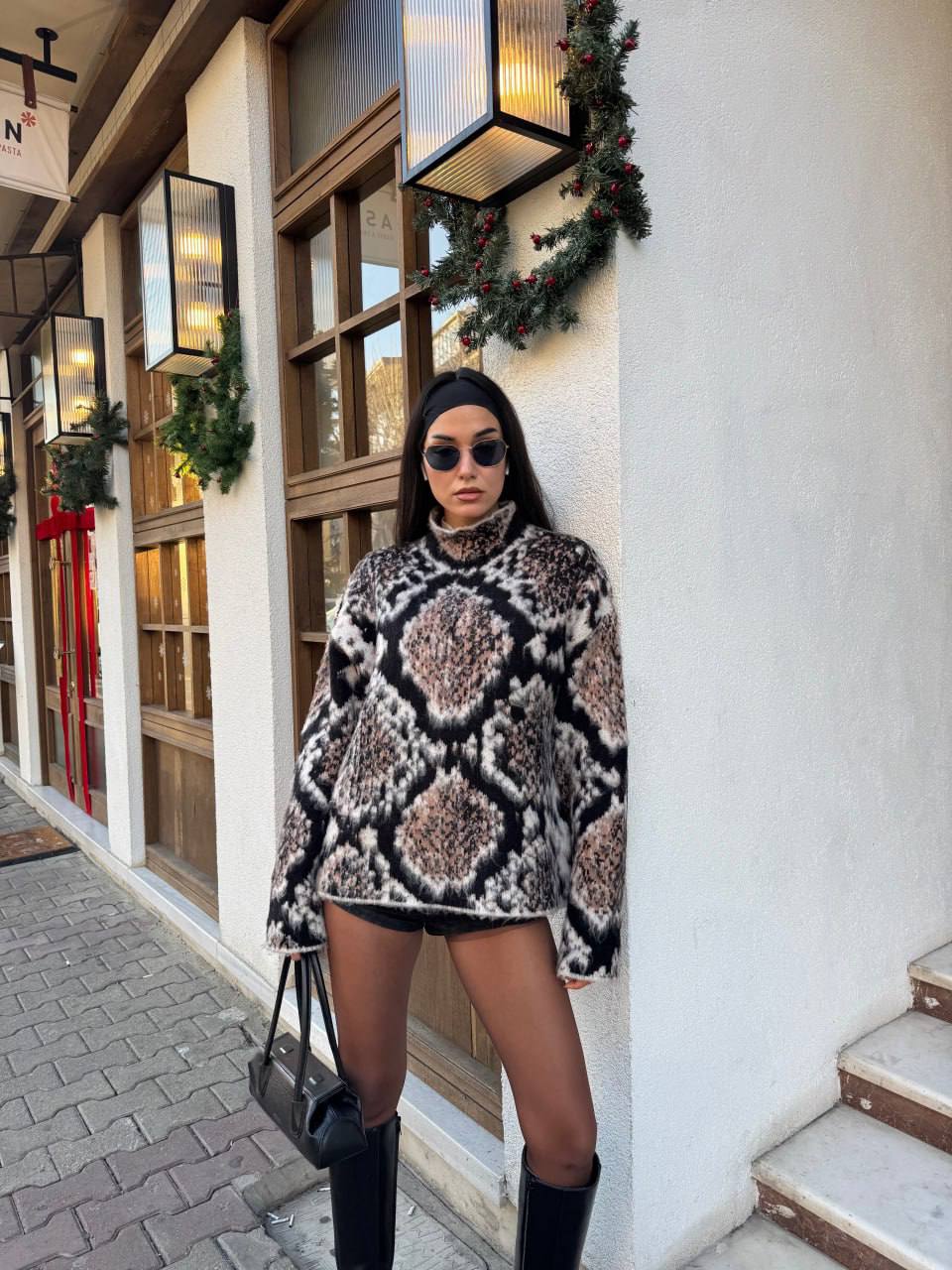 Oversize Desenli Vizon Kazak