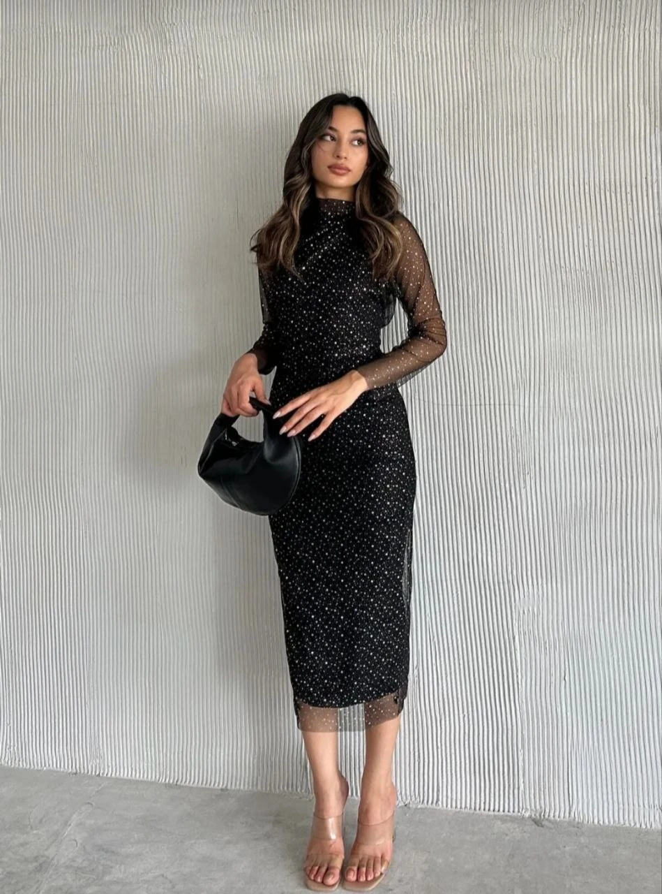 Varak Desenli Tül Abiye Elbise