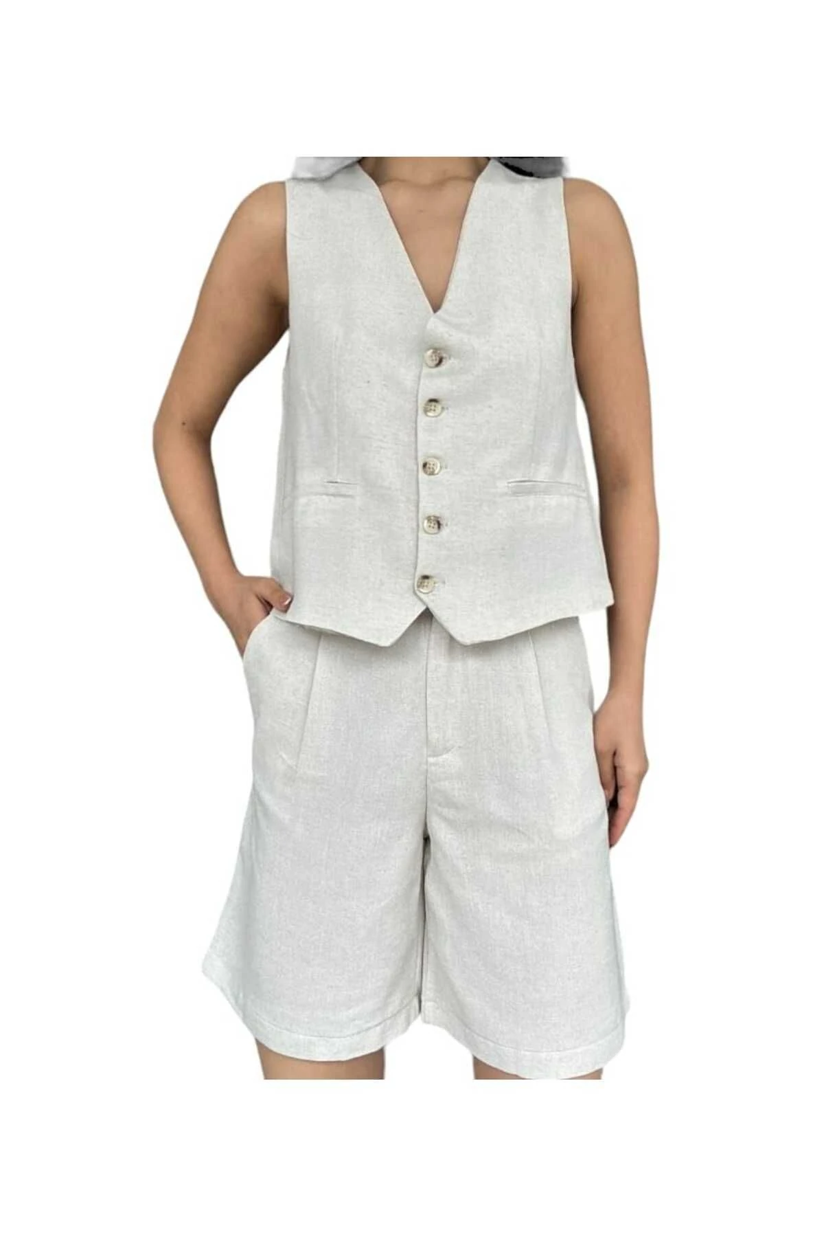 Natural keten rengi yelek şortlu 2'li Takım Özel Tasarlanmiş