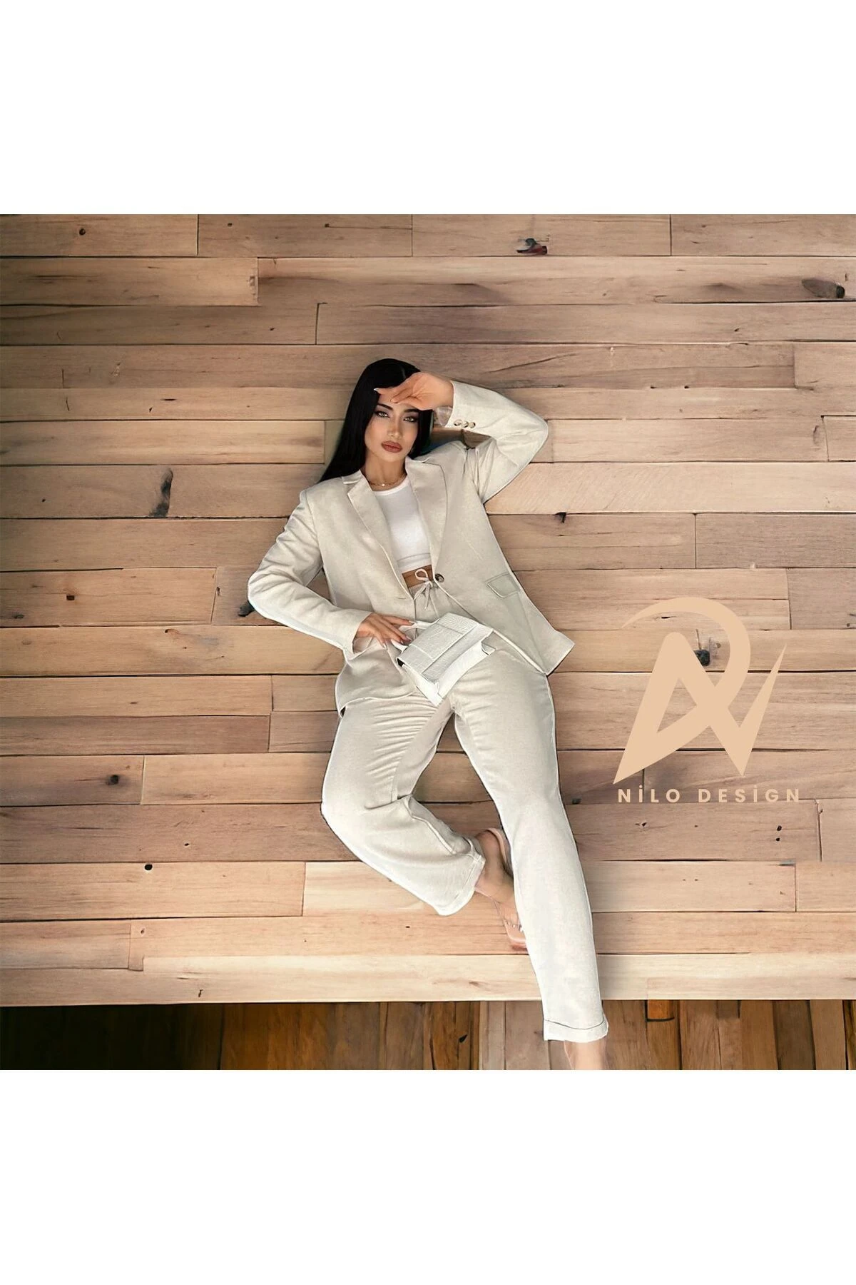 Kadın : Keten Kumaş Özel Tasarım Ceket pantalon takımı , Tam Yazlık