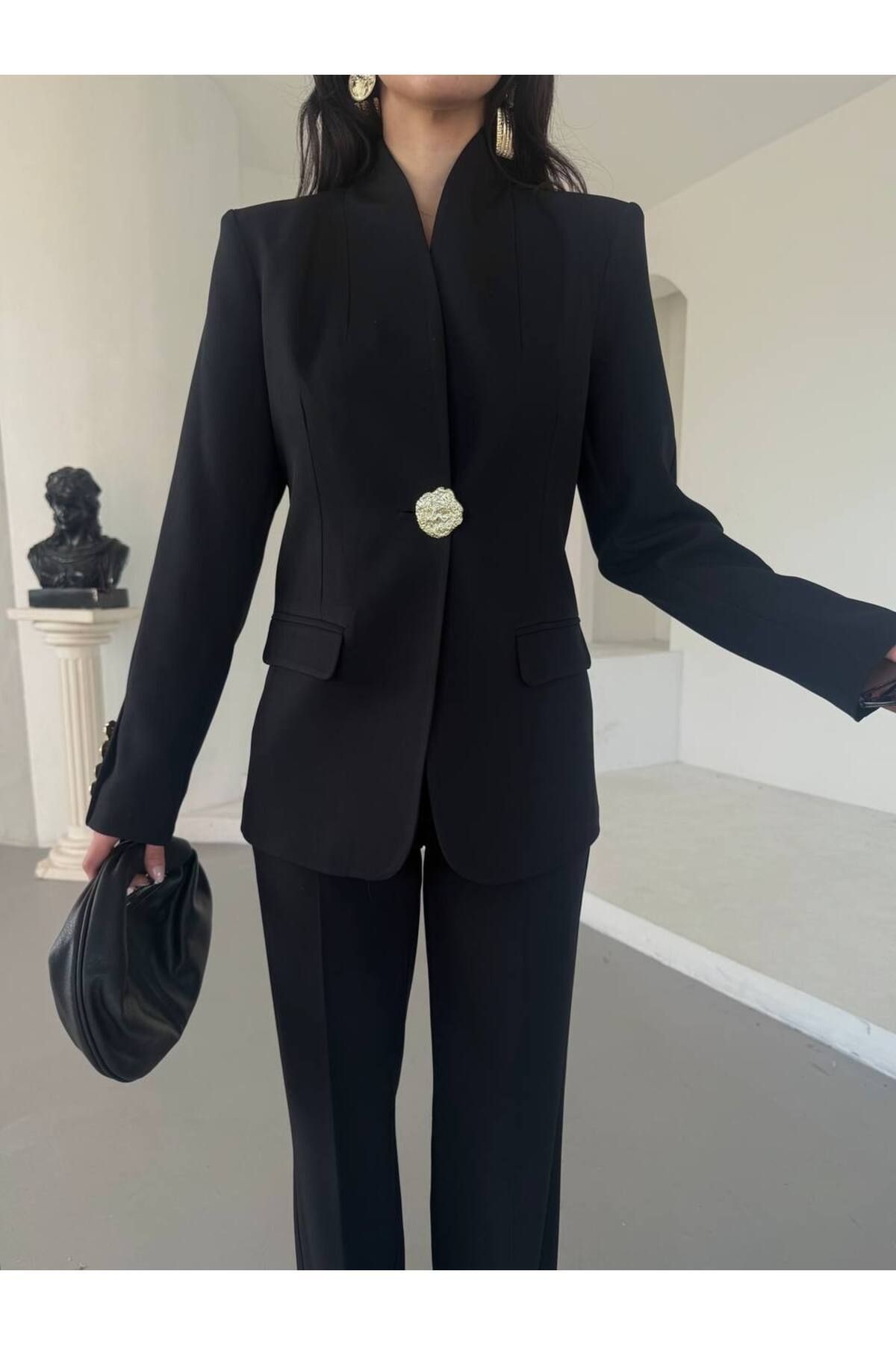 Kadın Tek Büyük Düğmeli Blazer Ceket Pantalon Takım