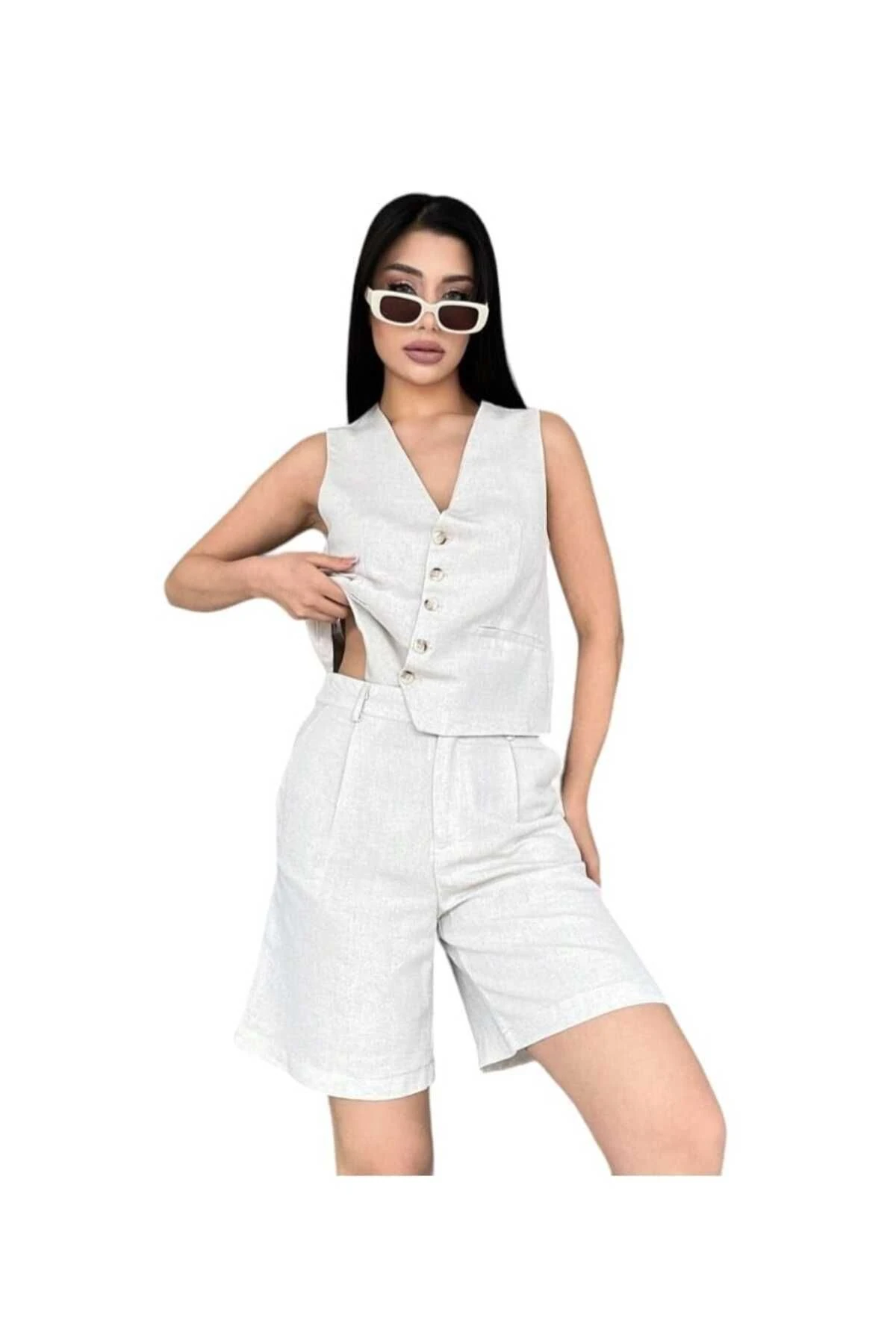 Natural keten rengi yelek şortlu 2'li Takım Özel Tasarlanmiş
