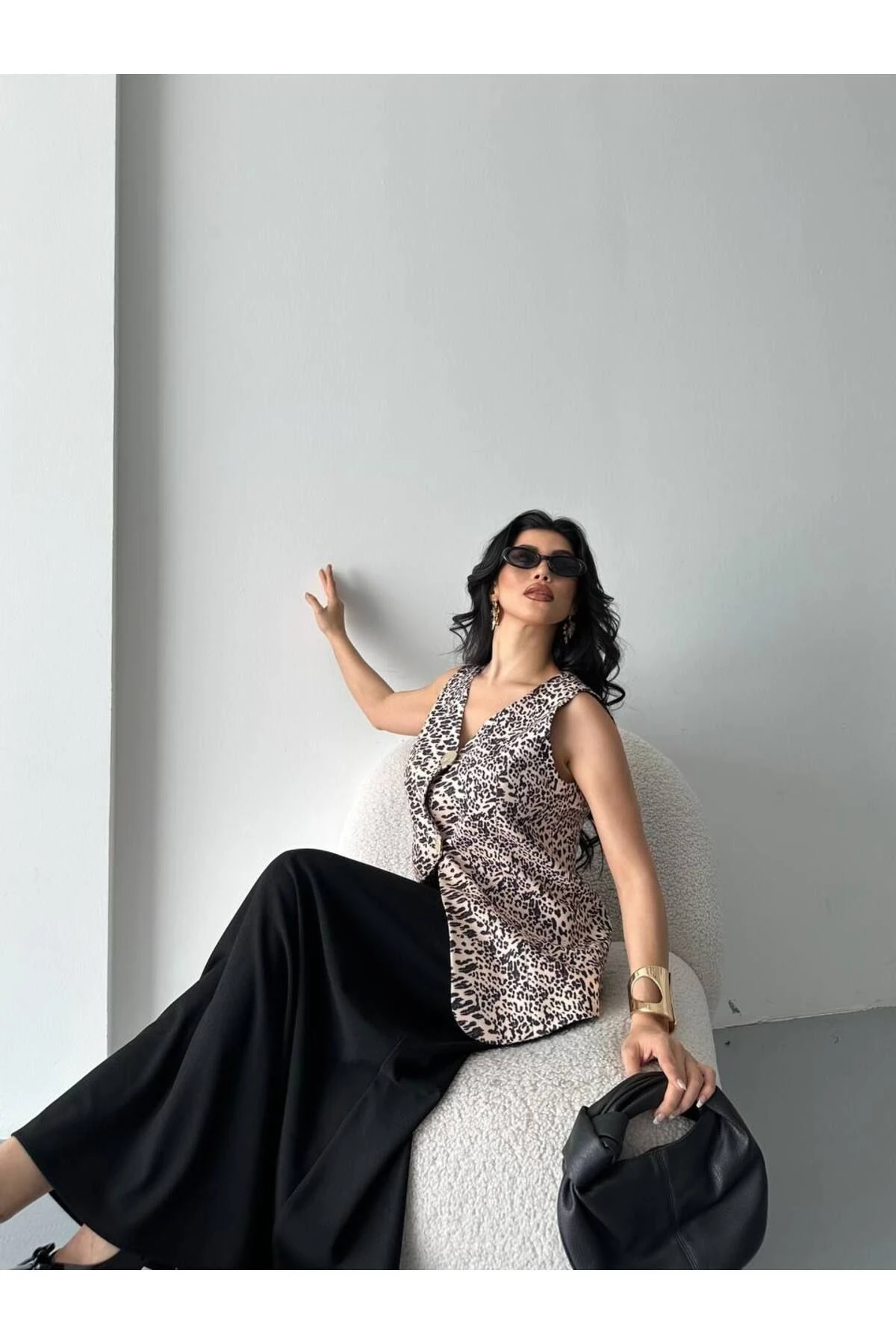 Leopar Desenli Yelek Uzun Siyah Etek 2Lİ Takım