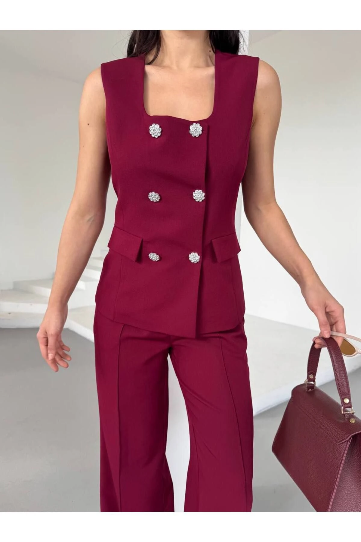 Bordo Yelek Pantolon 2'Lİ Takım