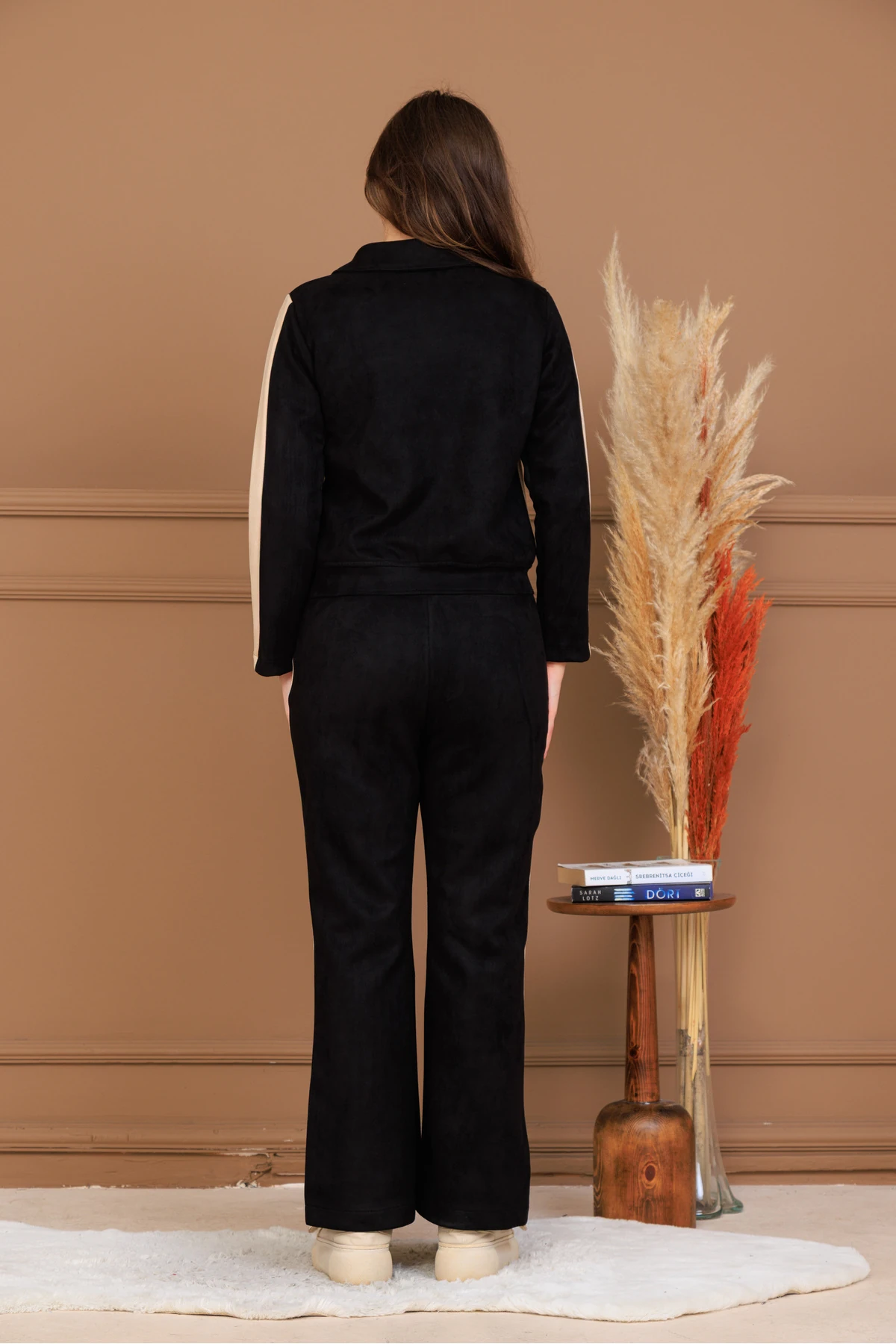 Kadın Scuba Süet Siyah Bej Çizgili Alt Üst Takım