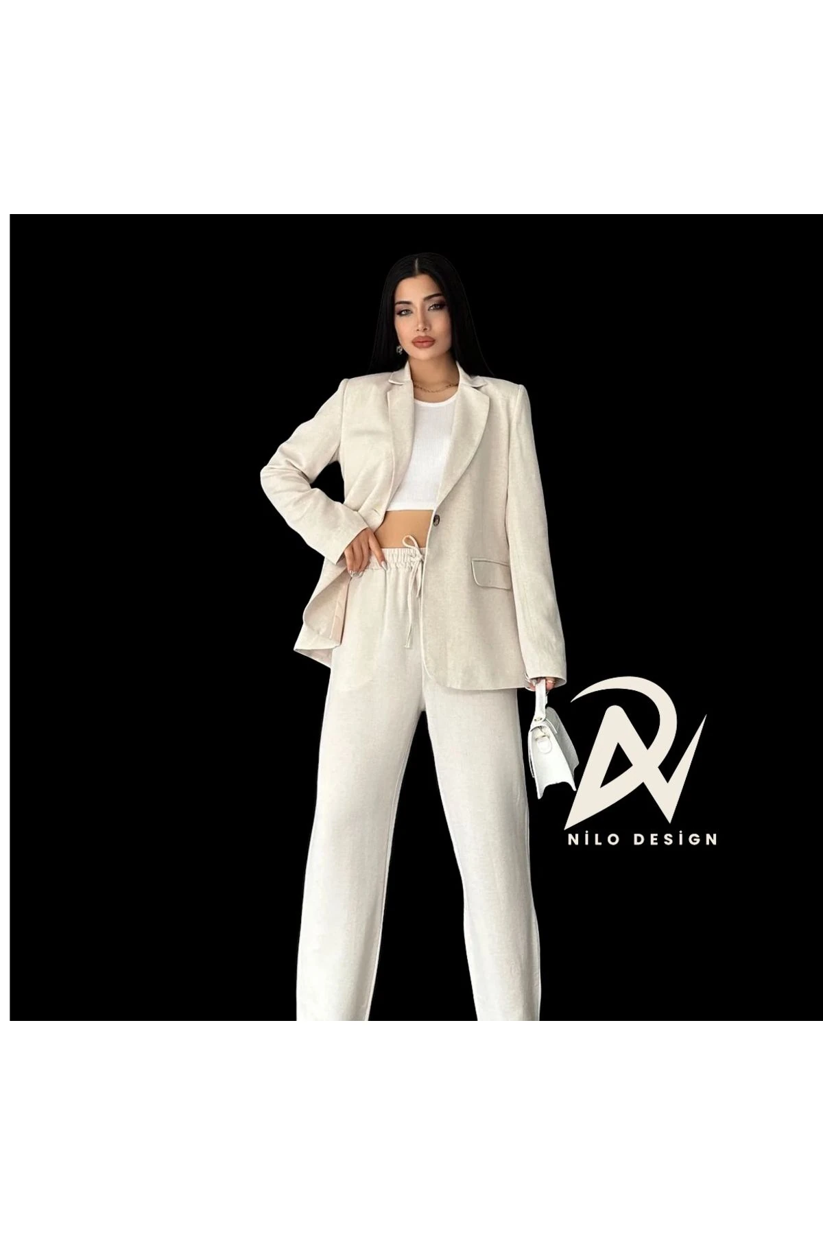 Kadın : Keten Kumaş Özel Tasarım Ceket pantalon takımı , Tam Yazlık