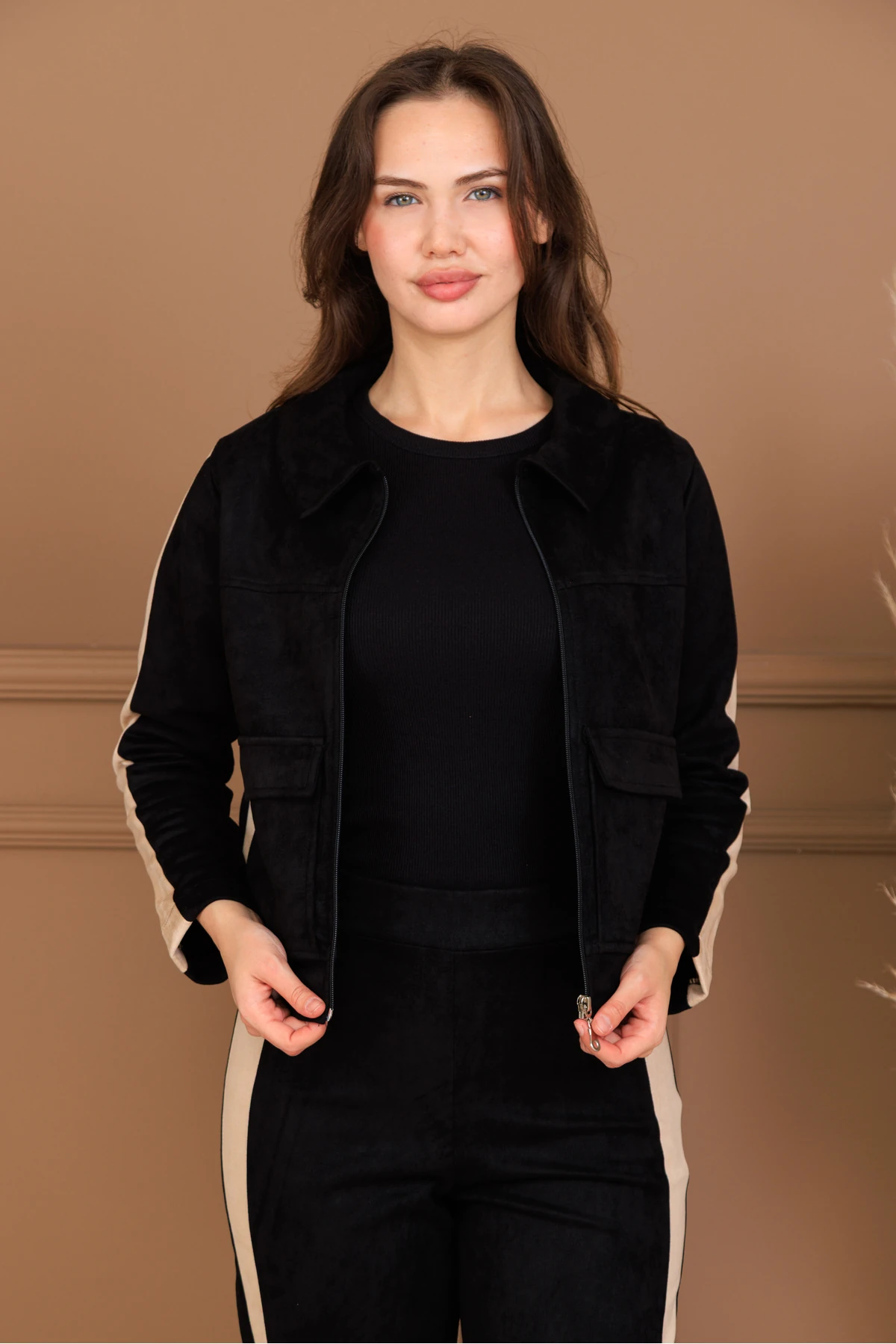 Kadın Scuba Süet Siyah Bej Çizgili Alt Üst Takım