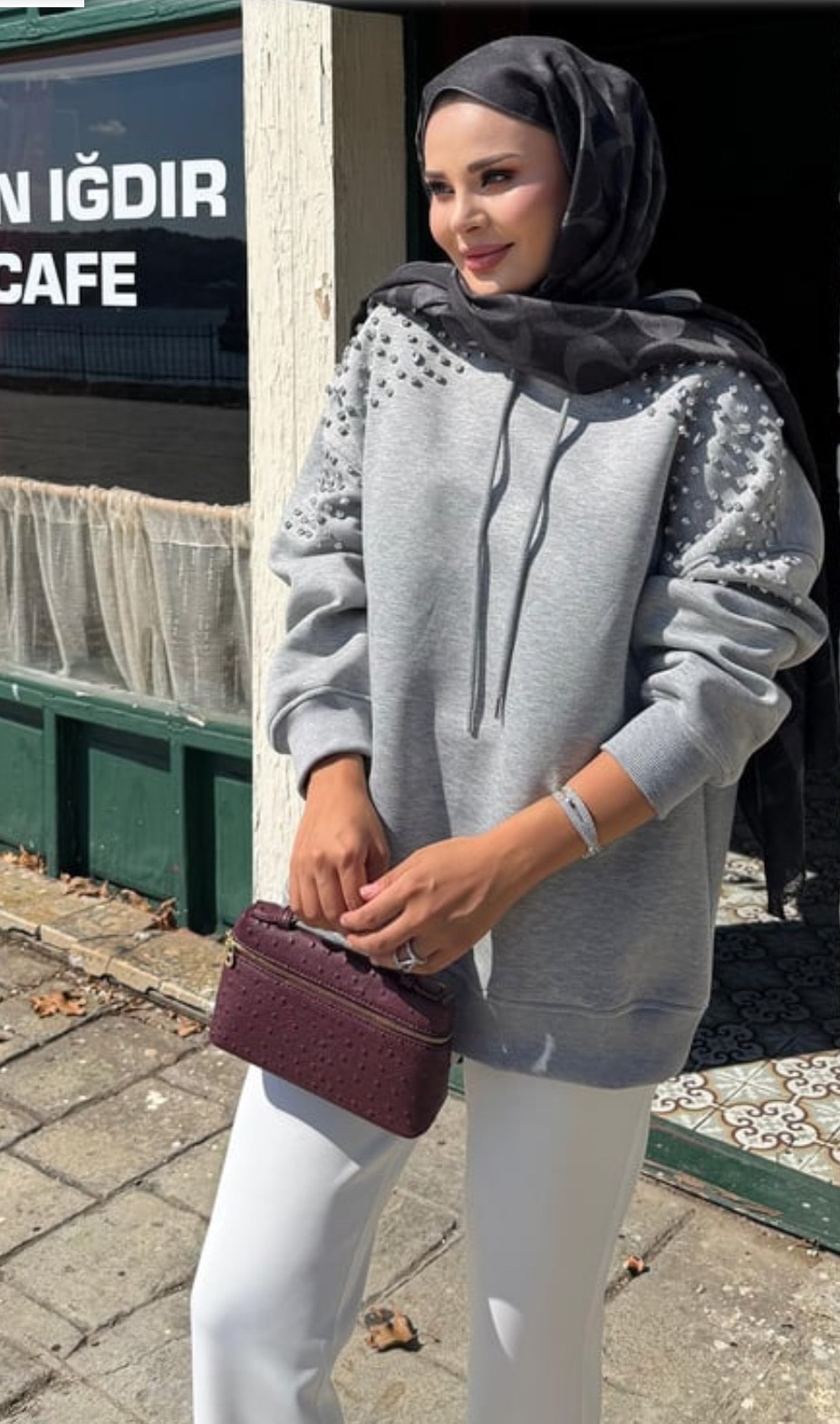 TAŞ DETAYLI KAPİŞONLU MABEL SCUBA SWEAT GRİ