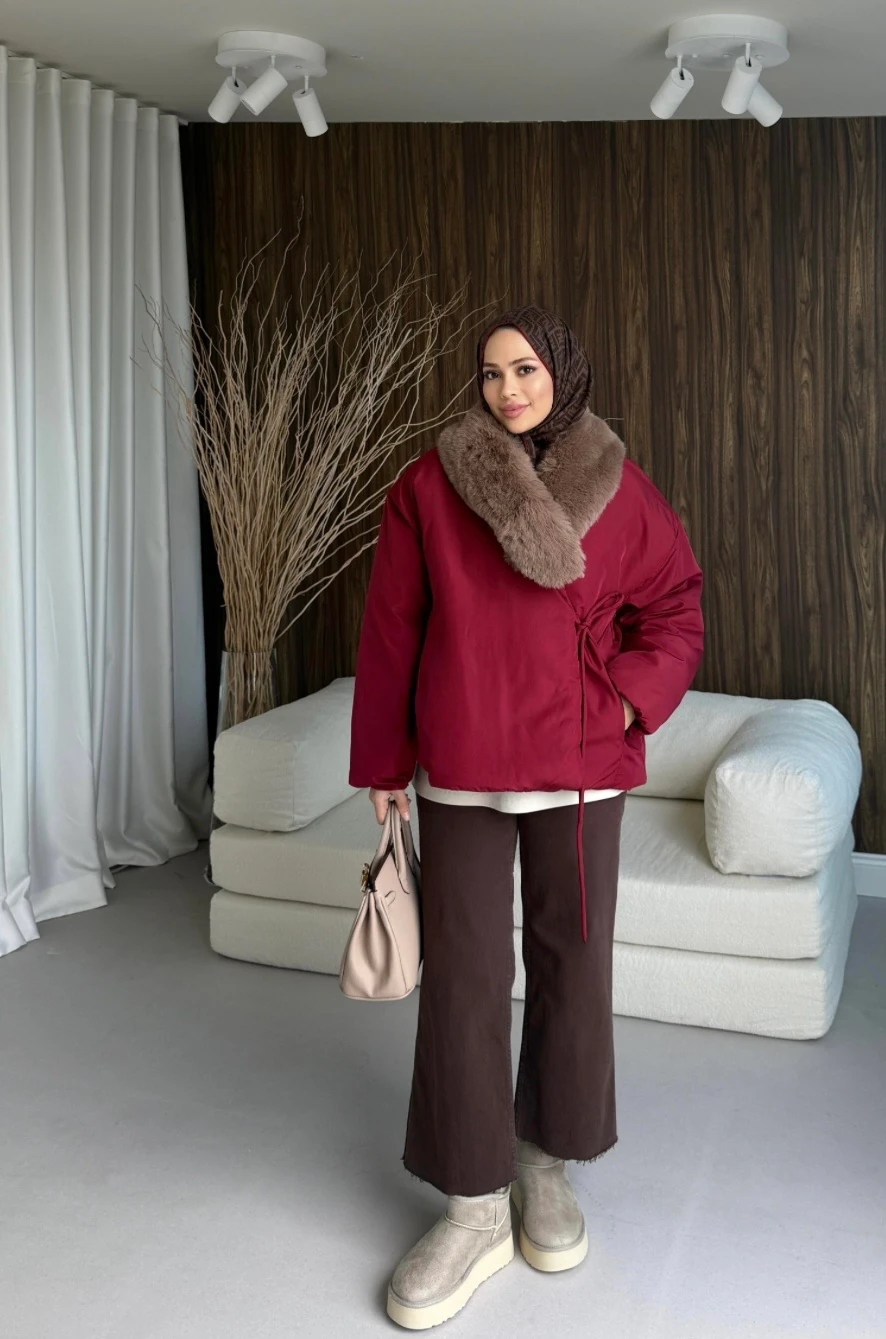 Kürk Detaylı Şişme Mont Bordo 