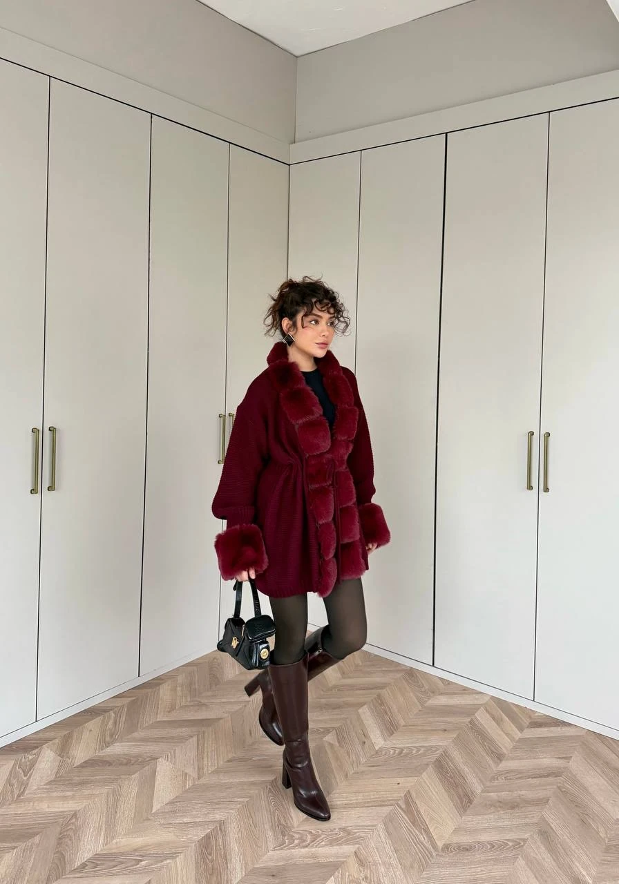 PERA KÜRK DETAYLI HIRKA BORDO