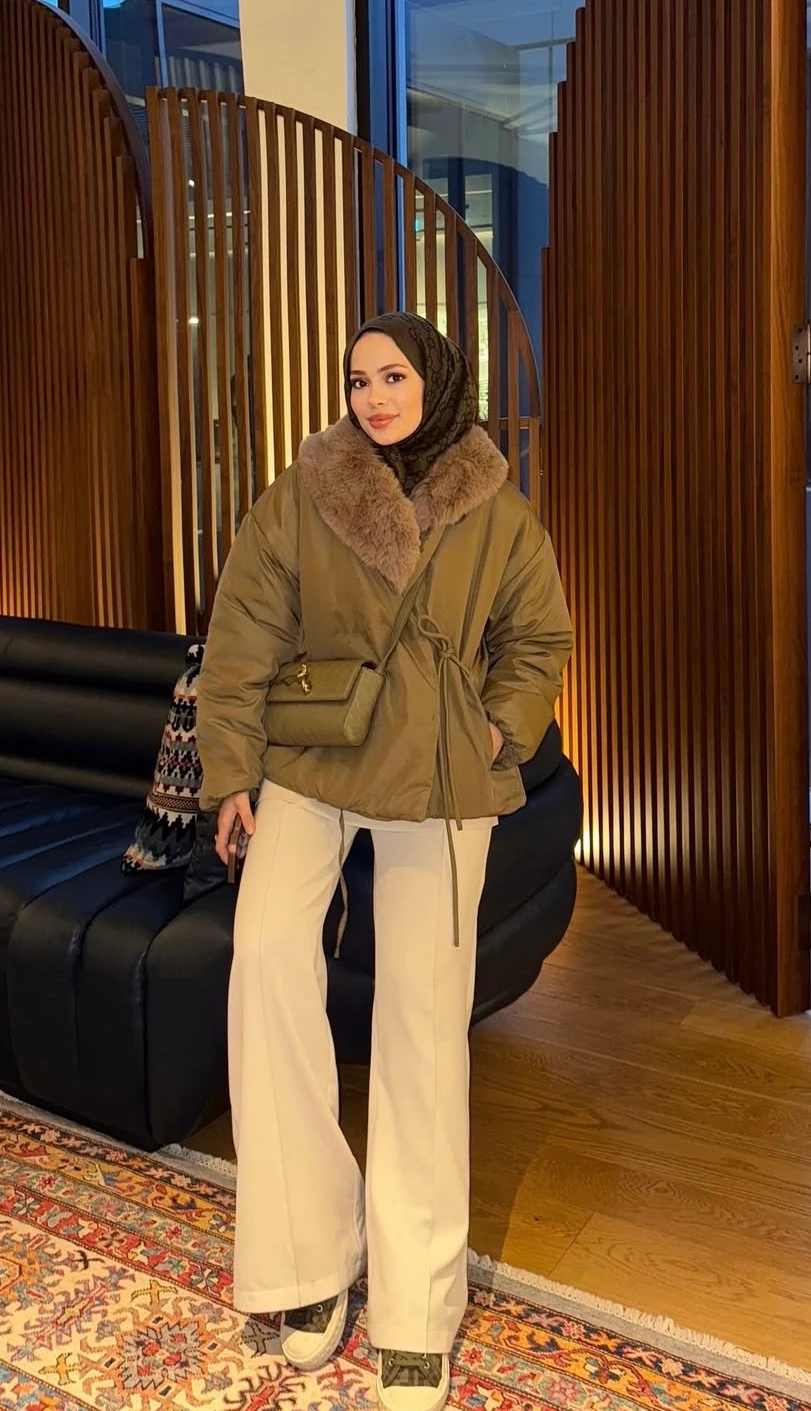 Kürk Detaylı Şişme Mont Haki