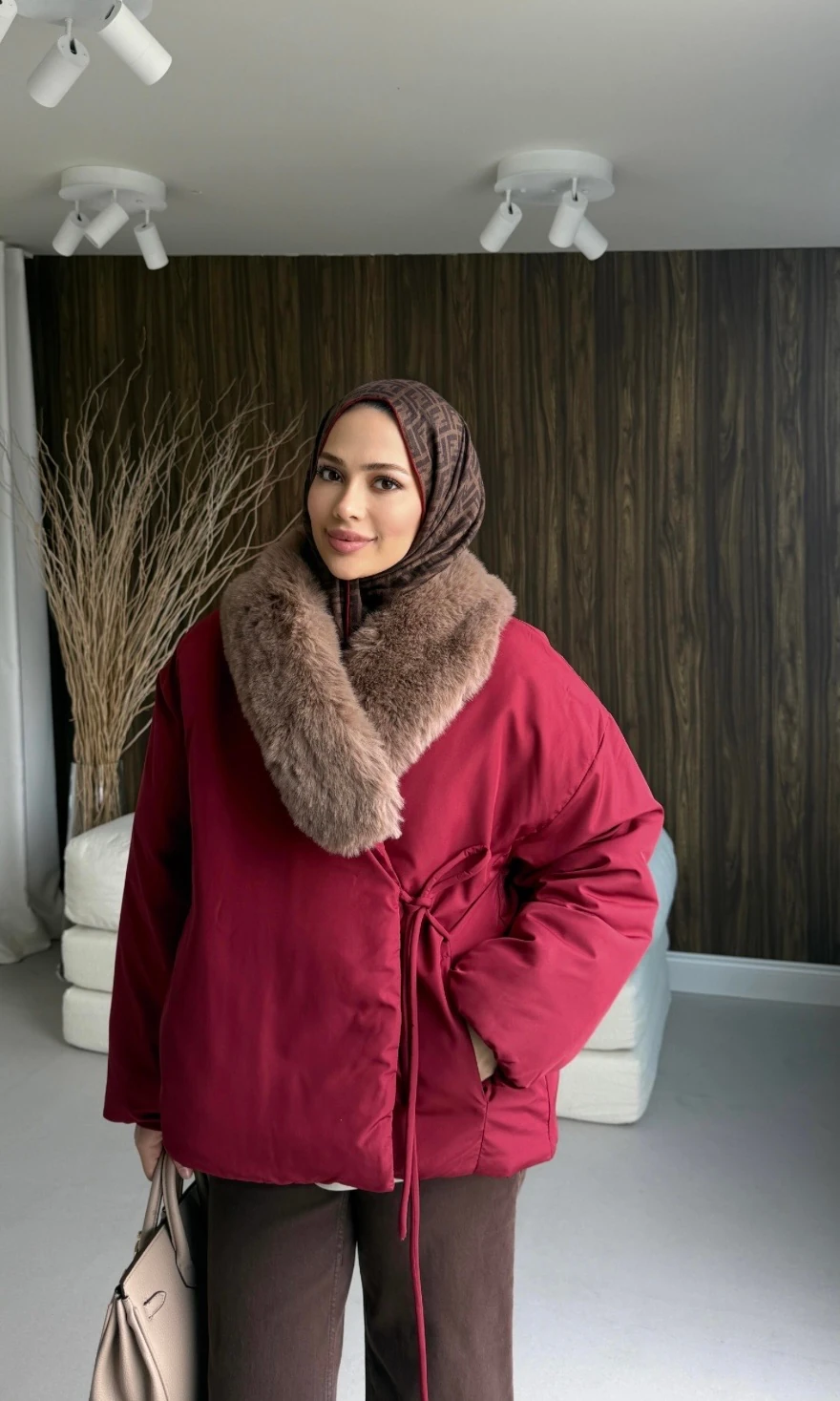 Kürk Detaylı Şişme Mont Bordo 