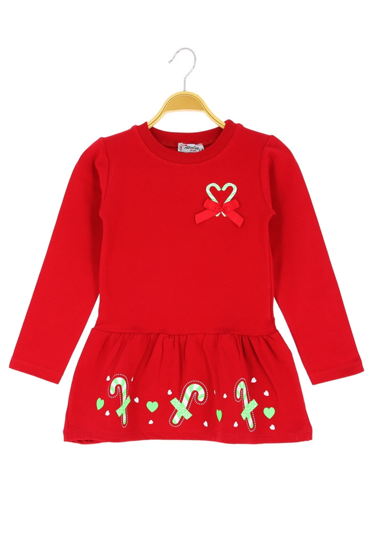 Kız Çocuk Elbise 2 İplik Şardonlu Kalpli Fiyonklu Noellik