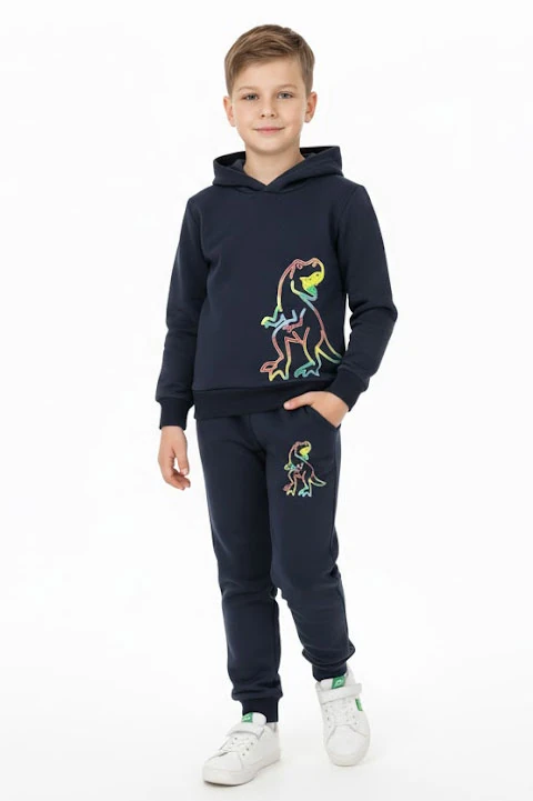 Erkek Çocuk Eşofman Takım Dinozor Baskılı Şardonlu Kışlık