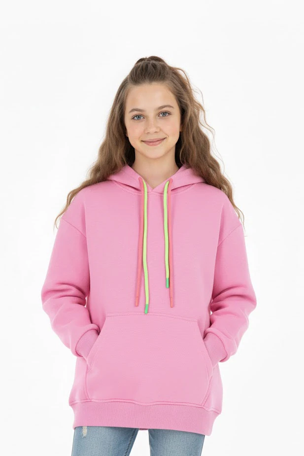 kız çocuk sweatshirt kışlık şardonlu cepli kapüşonlu