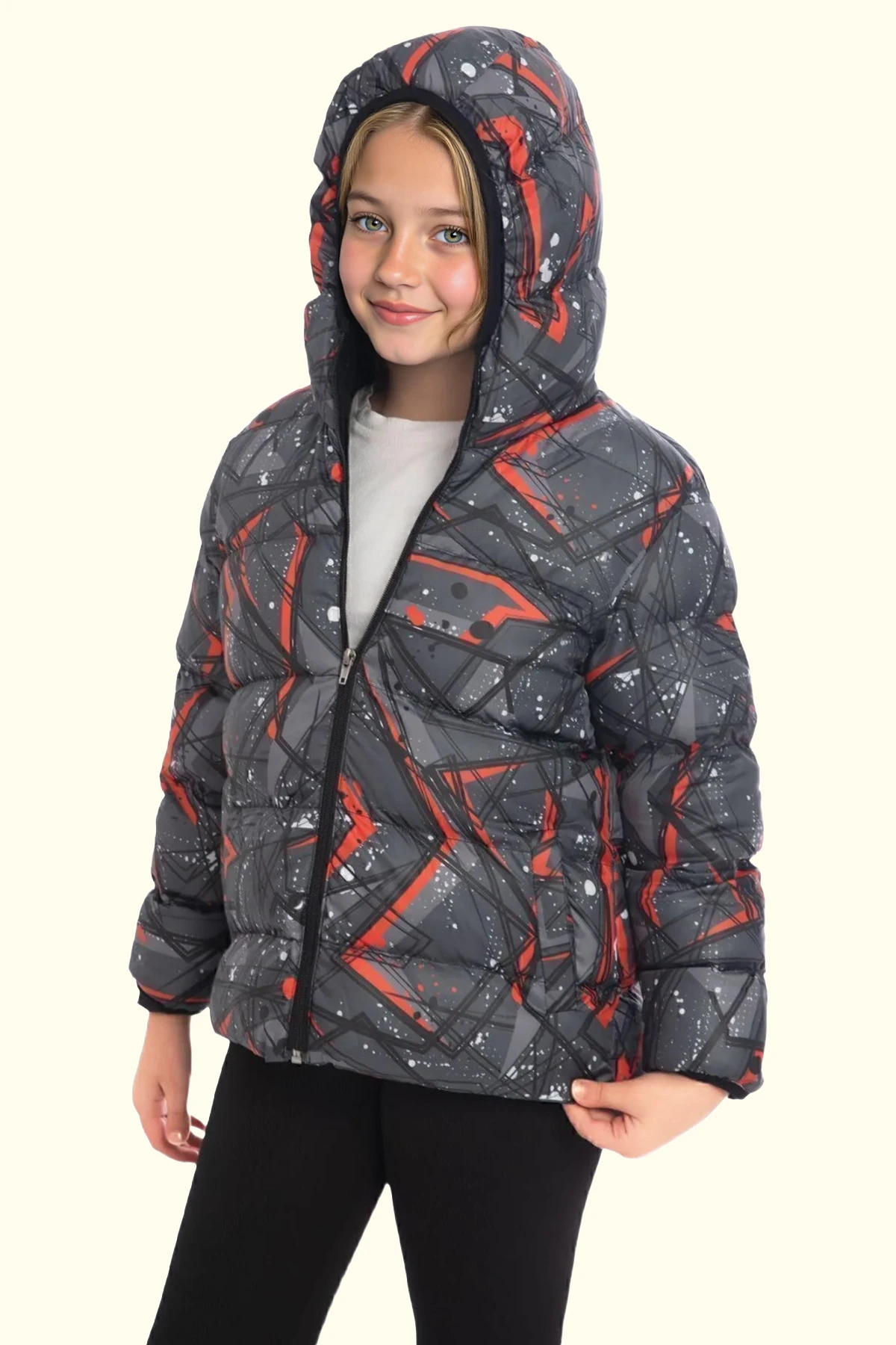 Erkek/Kız Çocuk Kapüşonlu Su ve Rüzgar Geçirmez Cepli Kışlık Şişme Mont