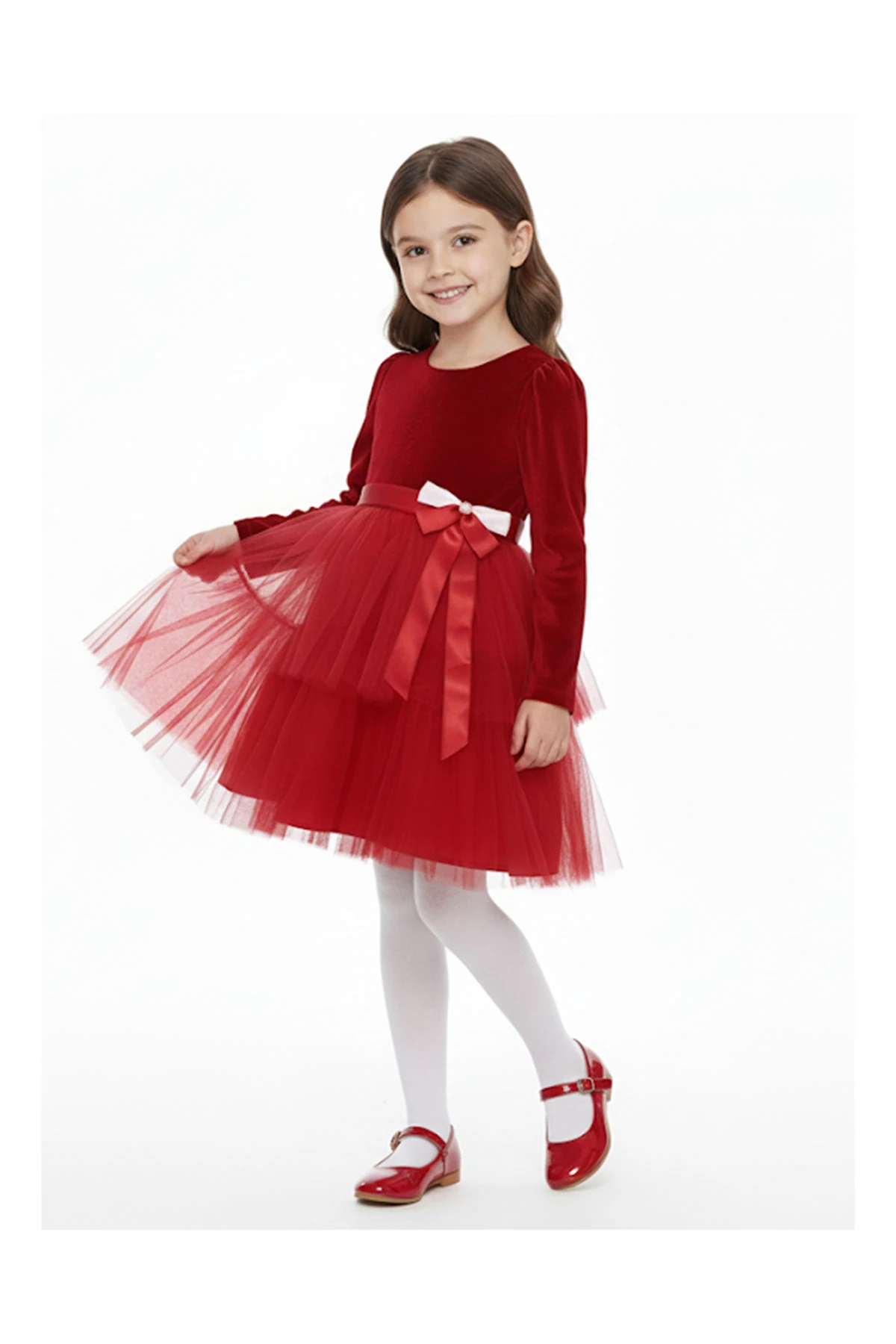 Kız Çocuk Elbise Kadife Kumaş , Noellik Elbise