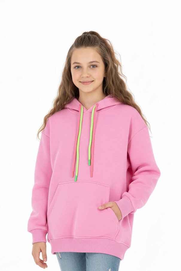 kız çocuk sweatshirt kışlık şardonlu cepli kapüşonlu