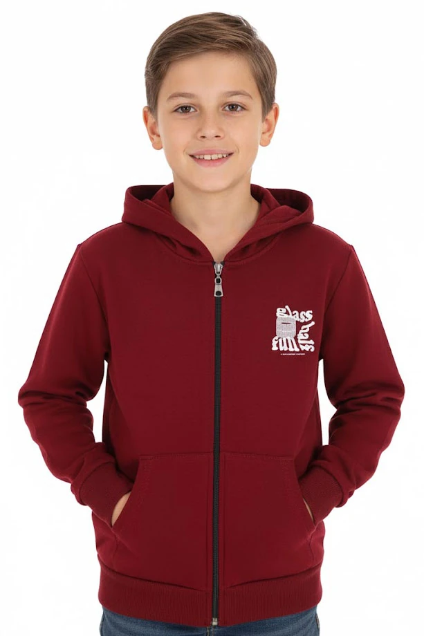 Erkek Çocuk Hırka Kapüşonlu Baskılı 2 İplik Şardonlu