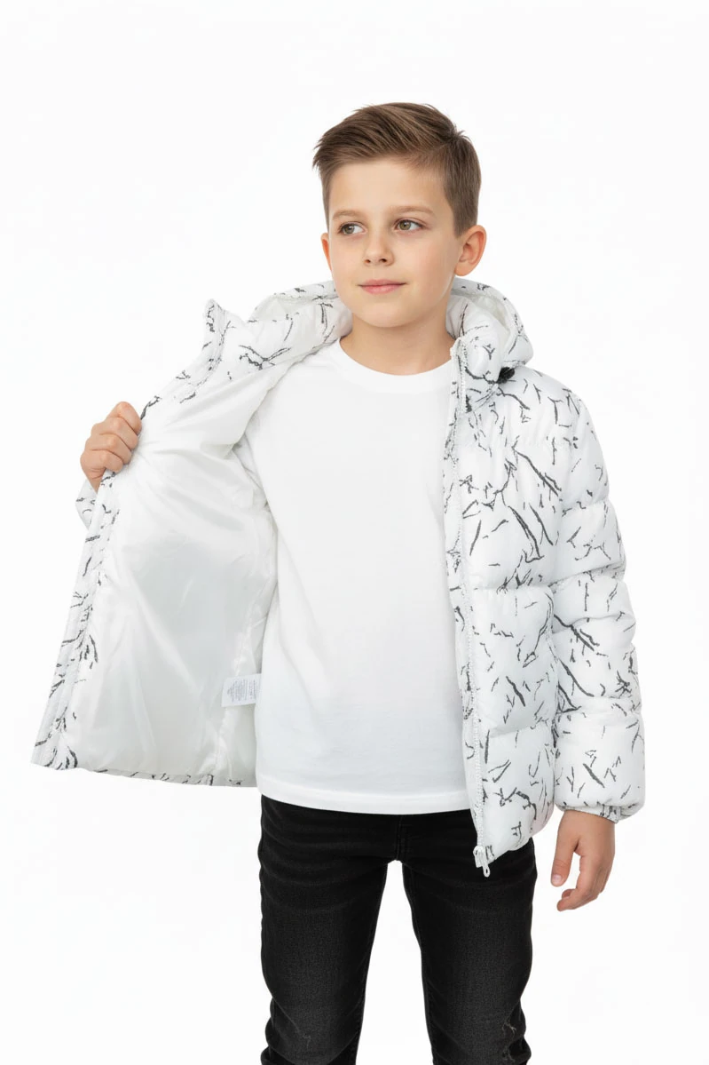 Erkek/Kız Çocuk Beyaz Çıkabilir Kapüşonlu Su ve Rüzgar Geçirmez Cepli Kışlık Şişme Mont