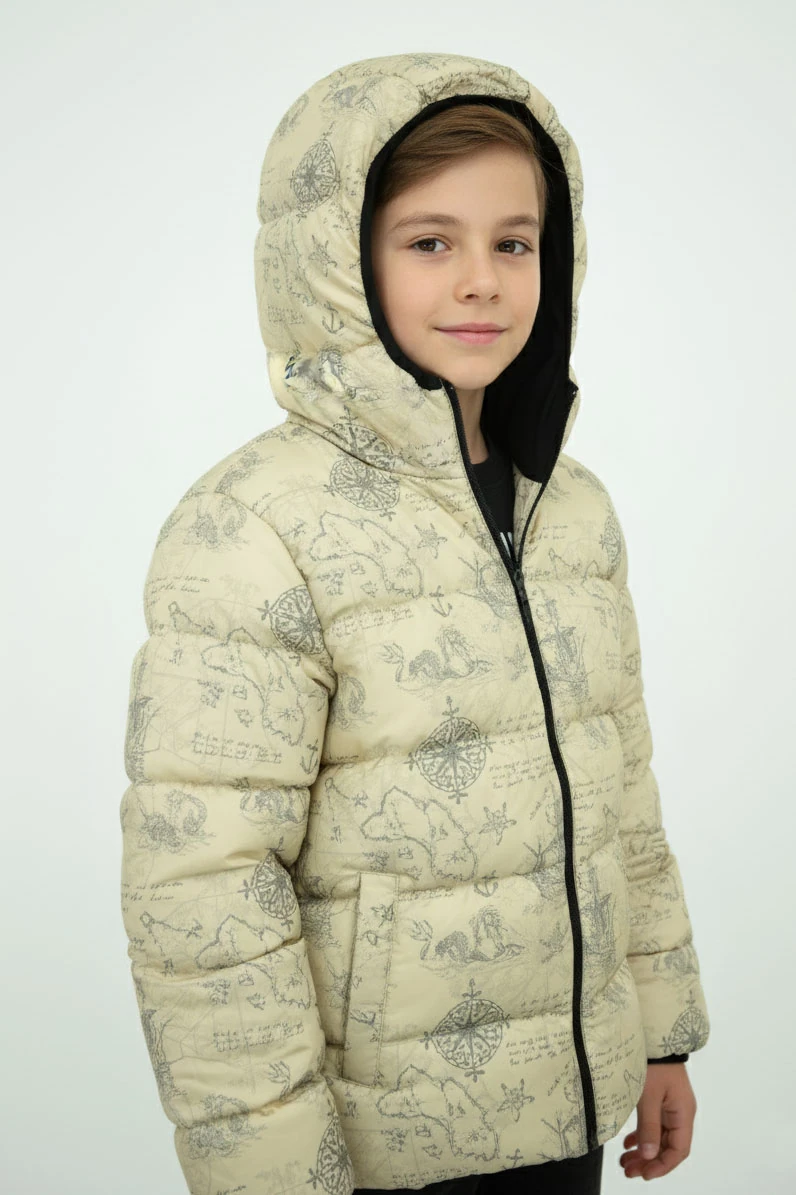 Erkek/Kız Çocuk Kapüşonlu Su ve Rüzgar Geçirmez Cepli Kışlık Şişme Mont