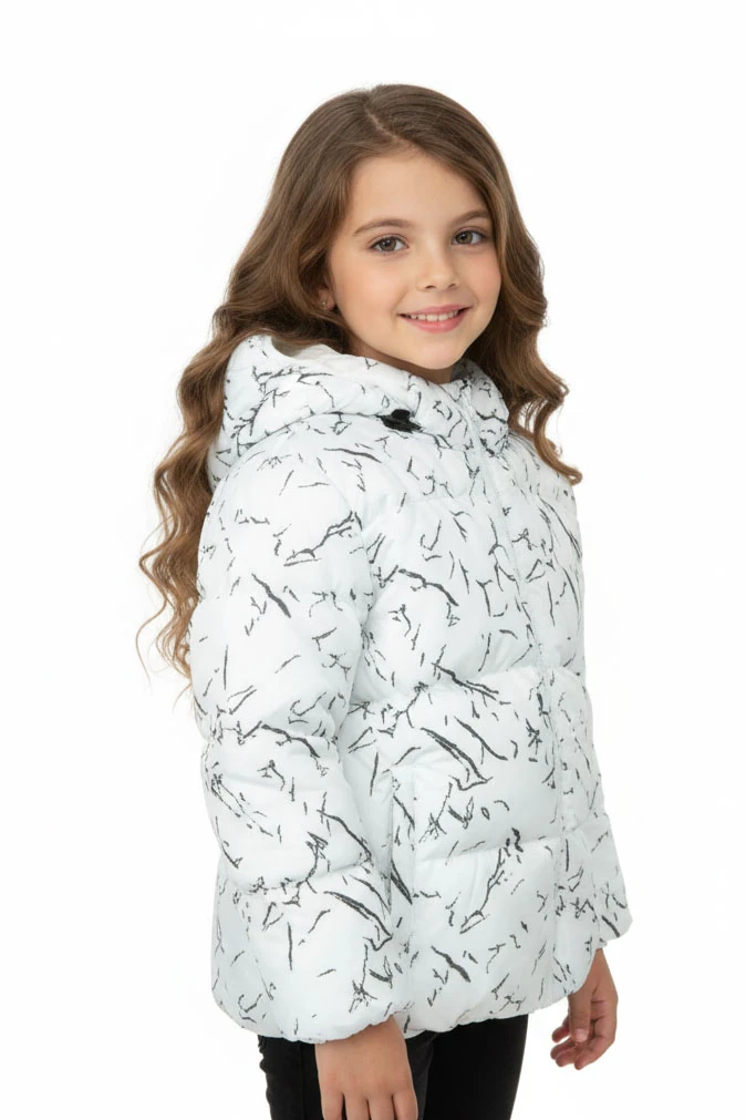 Erkek/Kız Çocuk Beyaz Çıkabilir Kapüşonlu Su ve Rüzgar Geçirmez Cepli Kışlık Şişme Mont