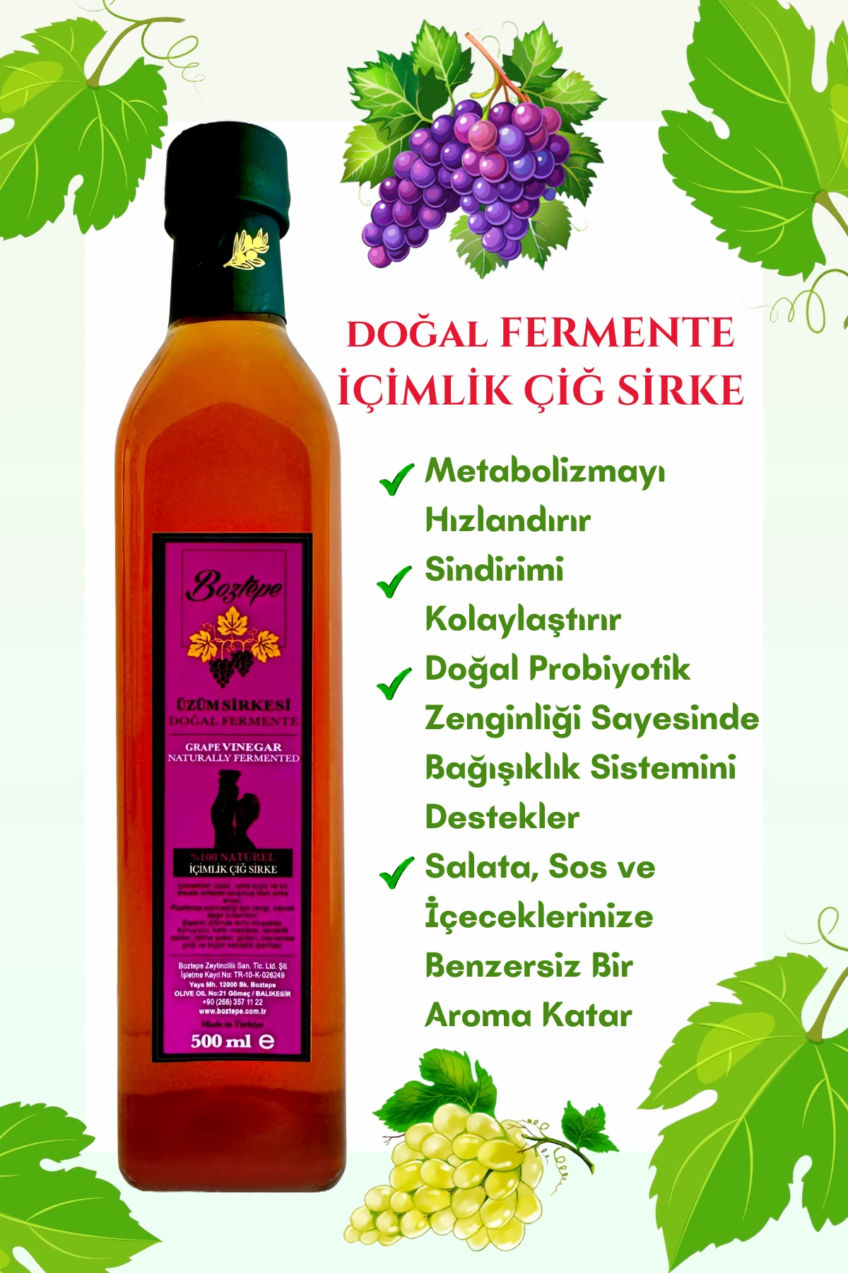 500 ML Üzüm Sirkesi Doğal Fermente Cam