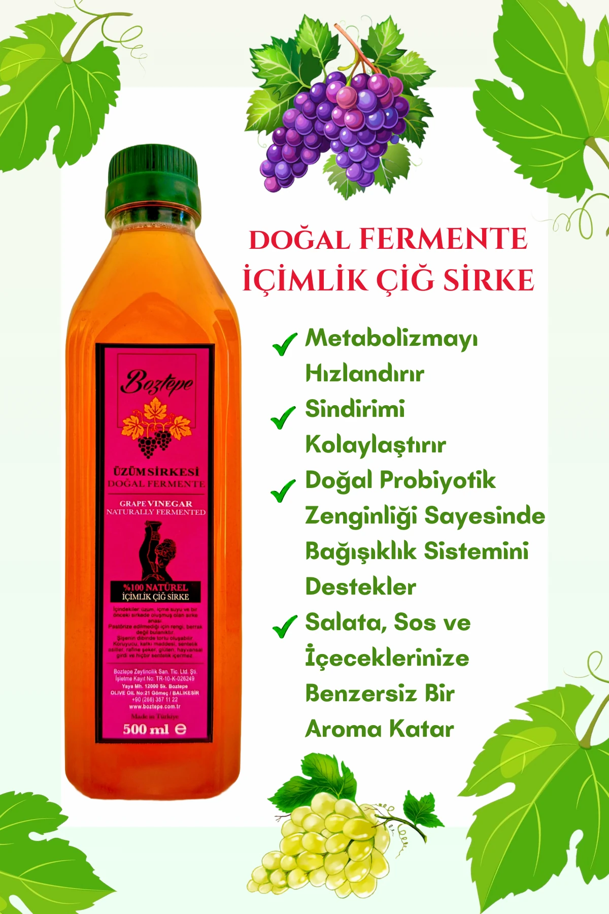 Boztepe 500 ML Üzüm Sirkesi Doğal Fermente PET