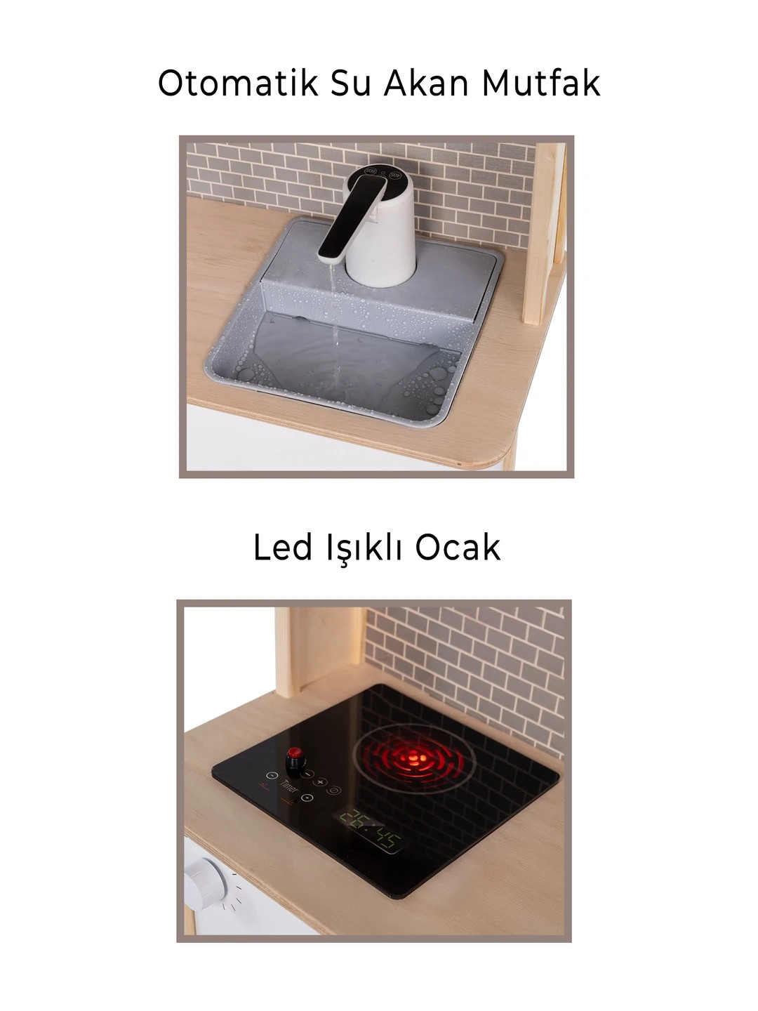 Musluktan Su Akan ve LED'li Ahşap Çocuk Mutfak Seti - T1026