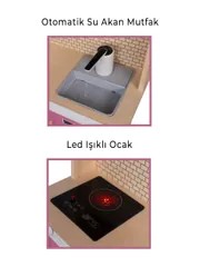 Musluktan Su Akan Ve Led'li Pembe Ahşap Çocuk Mutfak Seti T1032