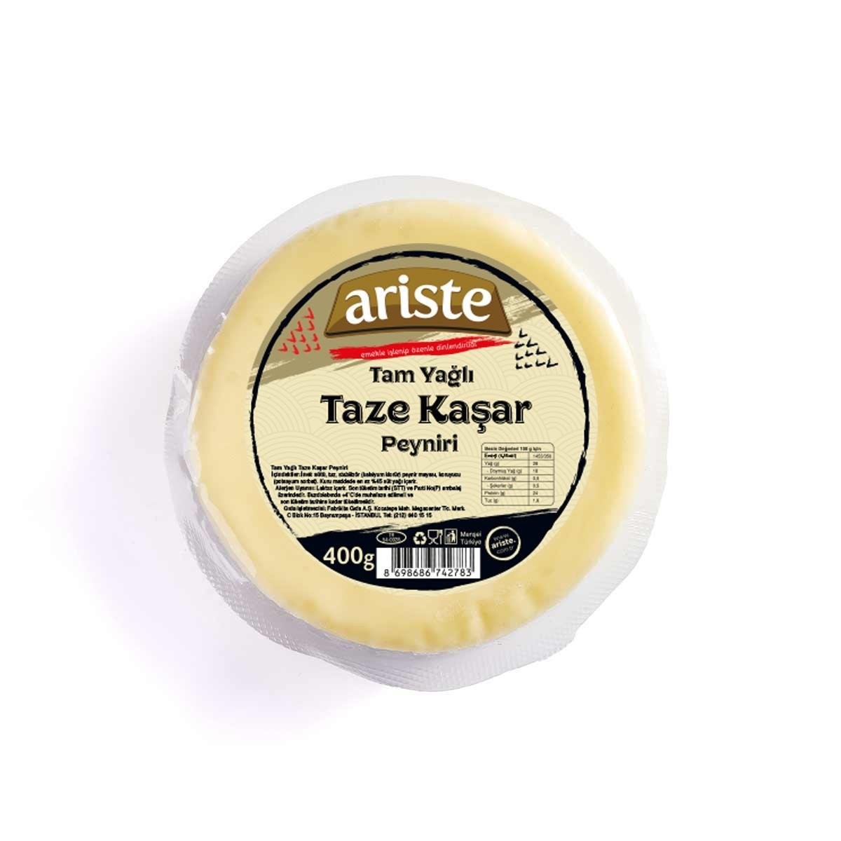 Ariste Tam Yağlı Taze Kaşar Peyniri 400 gr