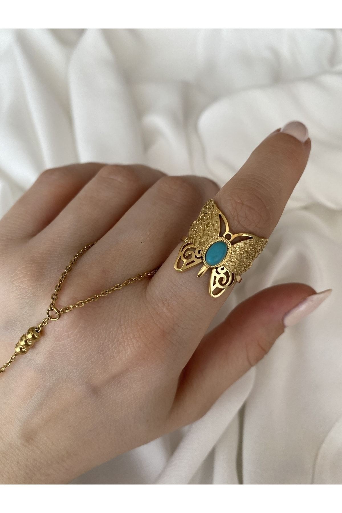 Vintage Firuze Taşlı Kelebek Model Kararmaz Ayarlanabilir Çelik Yüzük