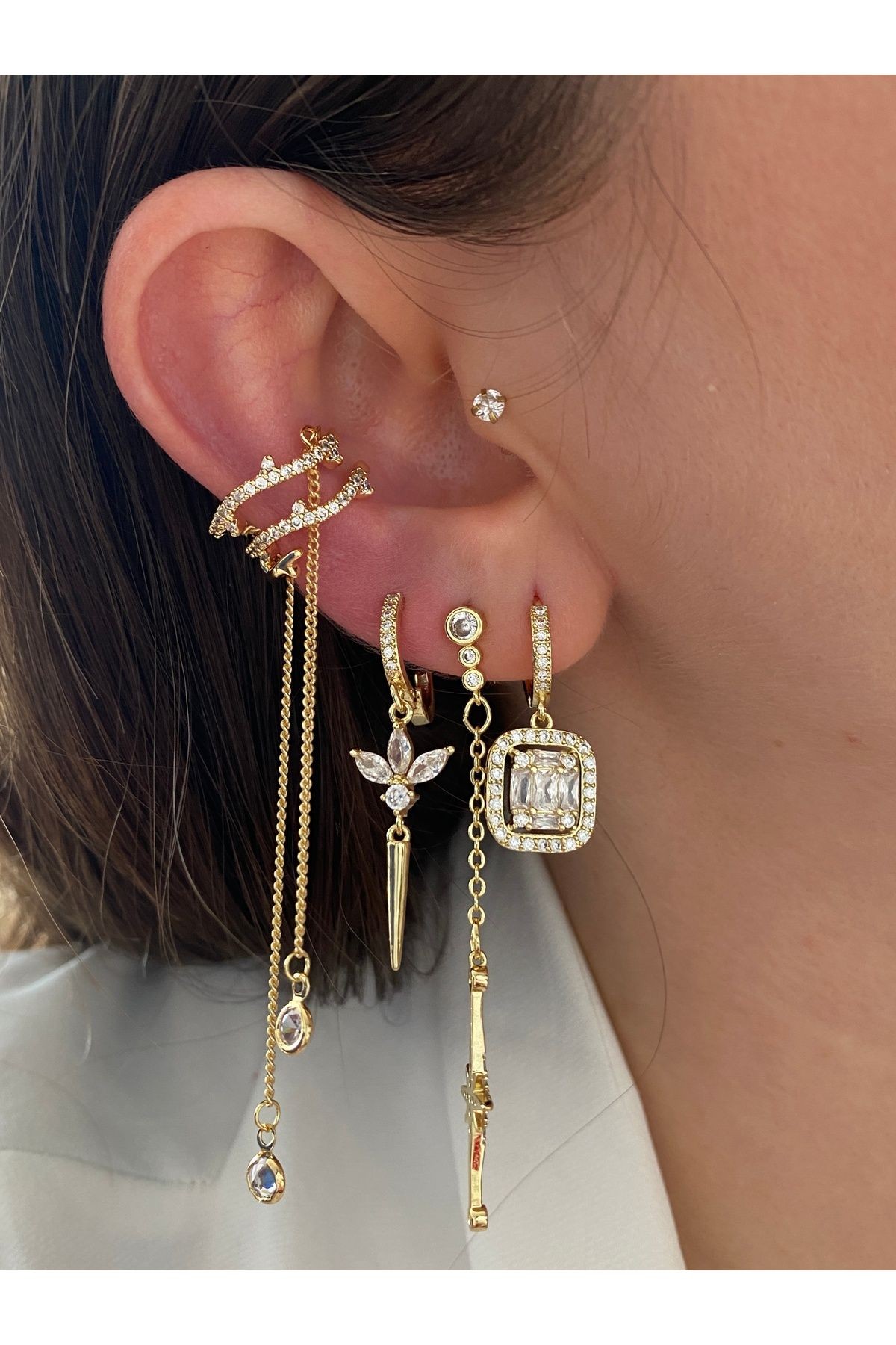 Sallantılı 4 Sıra Pirinç Üzeri Kaplama Kaplama Kadın Earcuff Kıkırdak Küpe