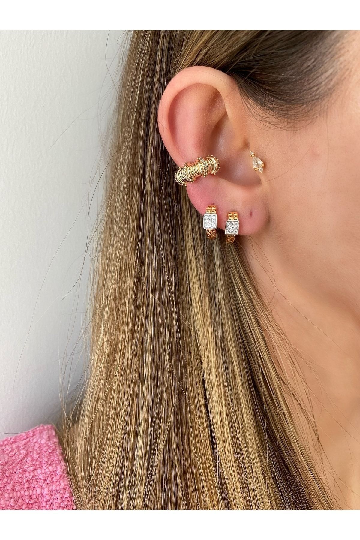 Boğumlu Taşlı Gümüş Kıkırdak Küpe ( Earcuff )