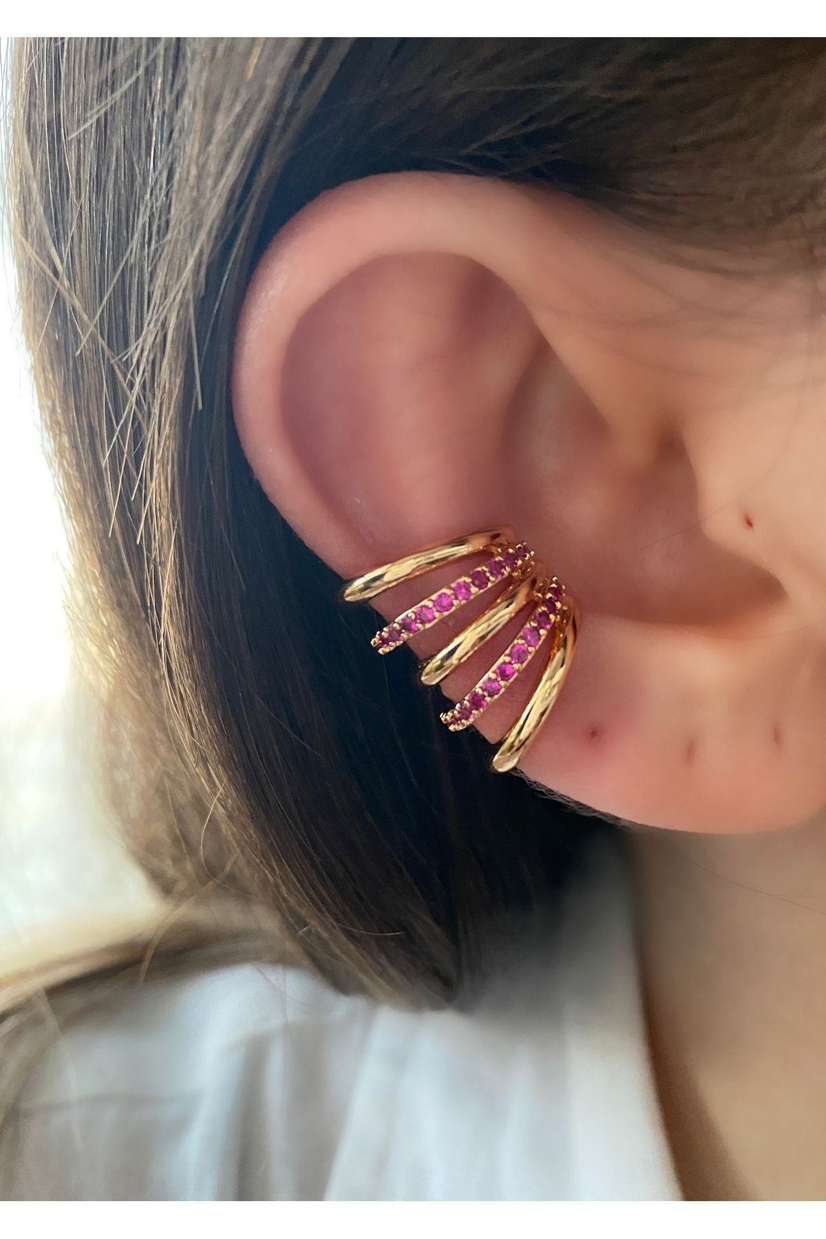 Büyük Earcuff Taşlı 10 Sıra Pirinç Üzeri Kaplama Kaplama Kadın Kıkırdak Küpe - pembe