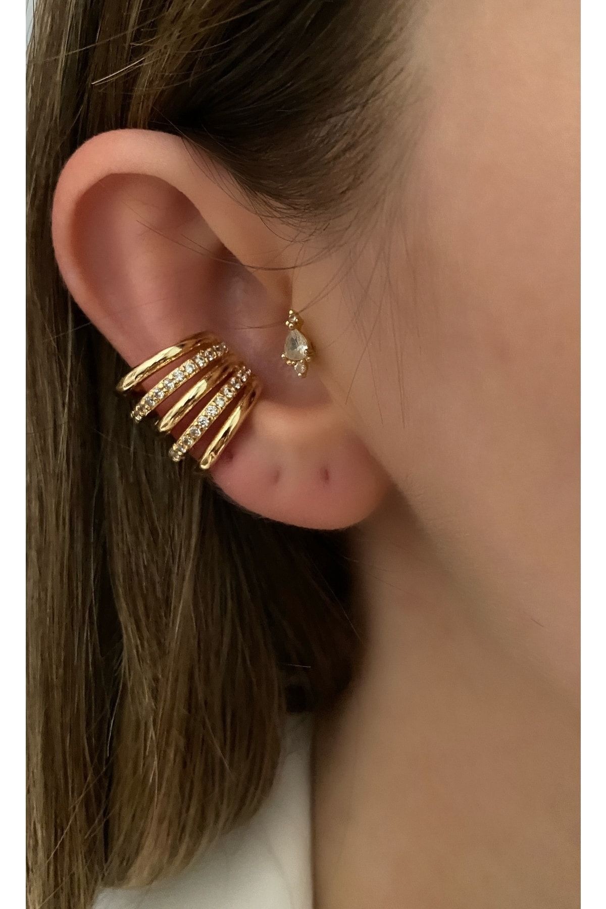Büyük Earcuff Taşlı 10 Sıra Pirinç Üzeri Kaplama Kaplama Kadın Kıkırdak Küpe
