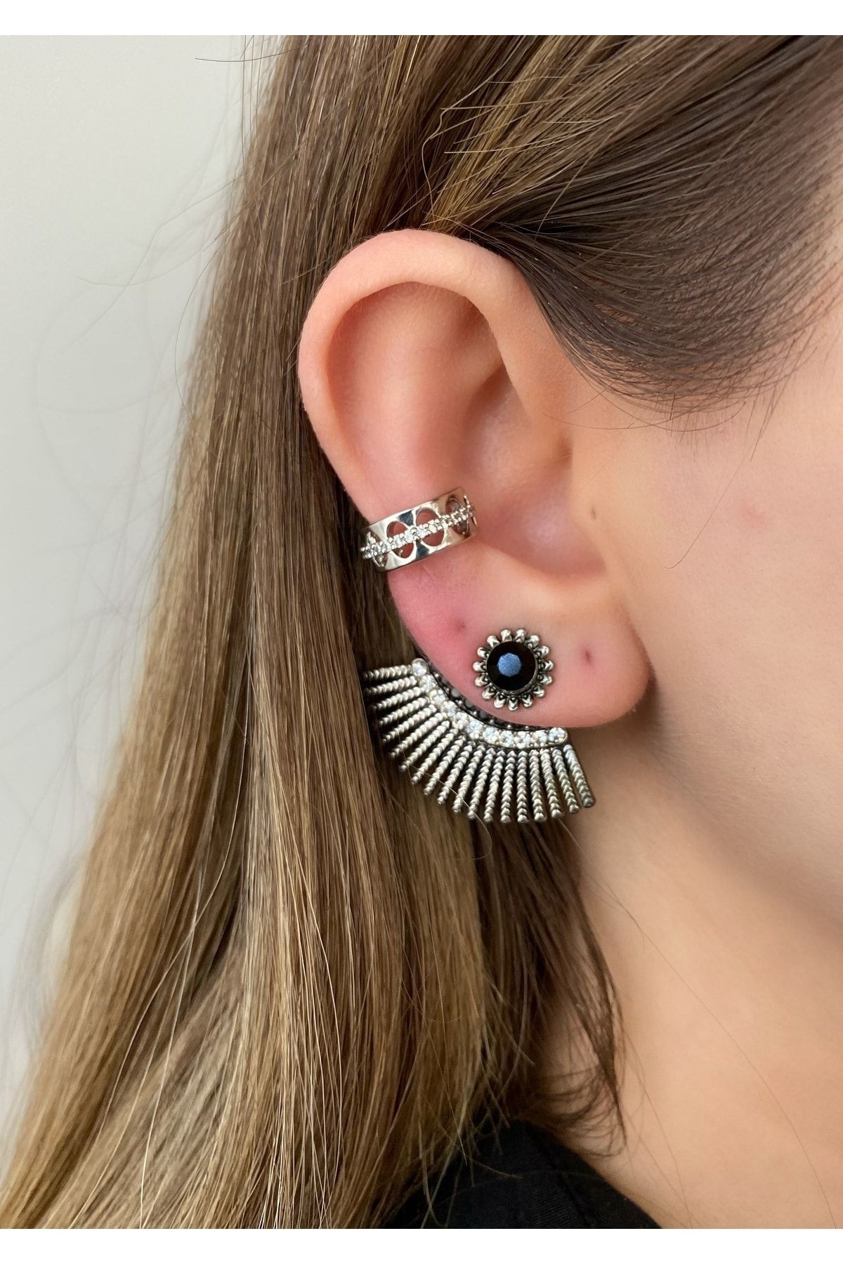 Taşlı Kafes Pirinç Üzeri Kaplama Kıkırdak Küpe Earcuff