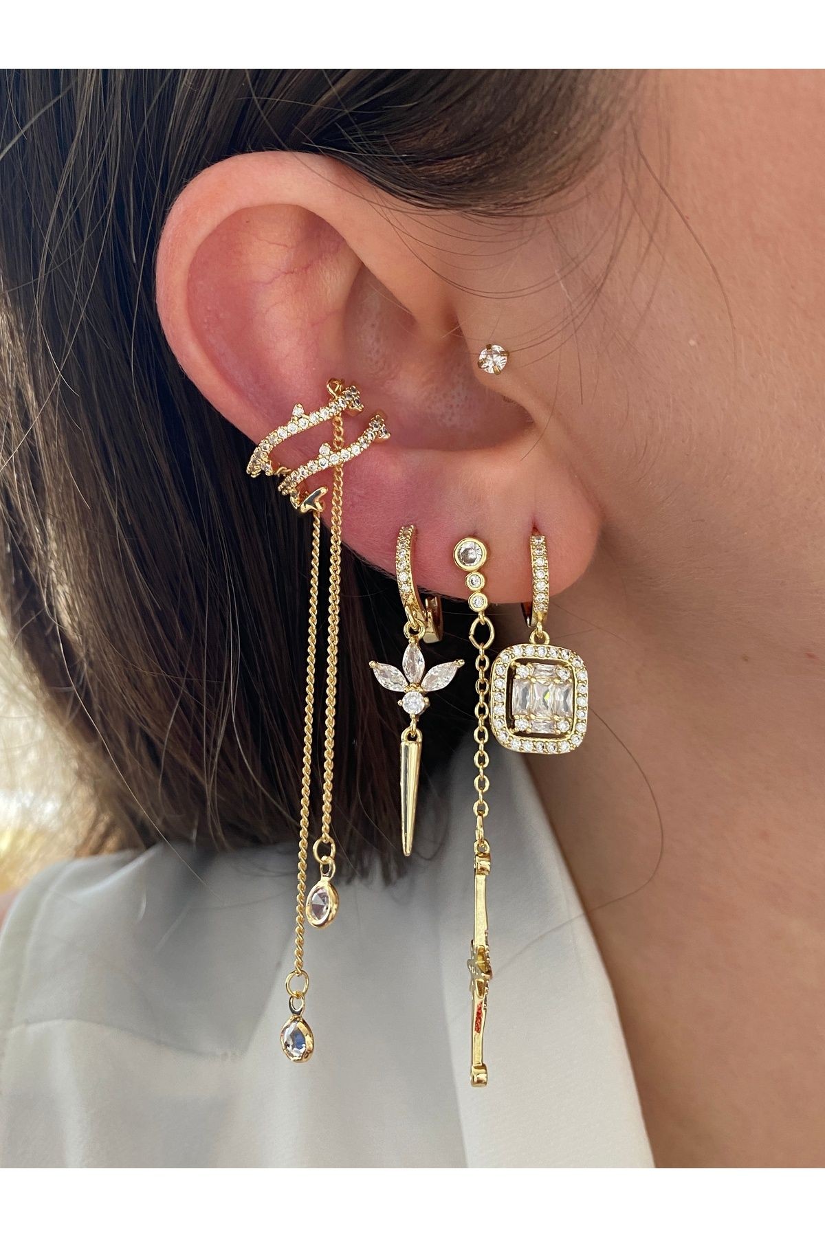 Sallantılı 4 Sıra Pirinç Üzeri Kaplama Kaplama Kadın Earcuff Kıkırdak Küpe