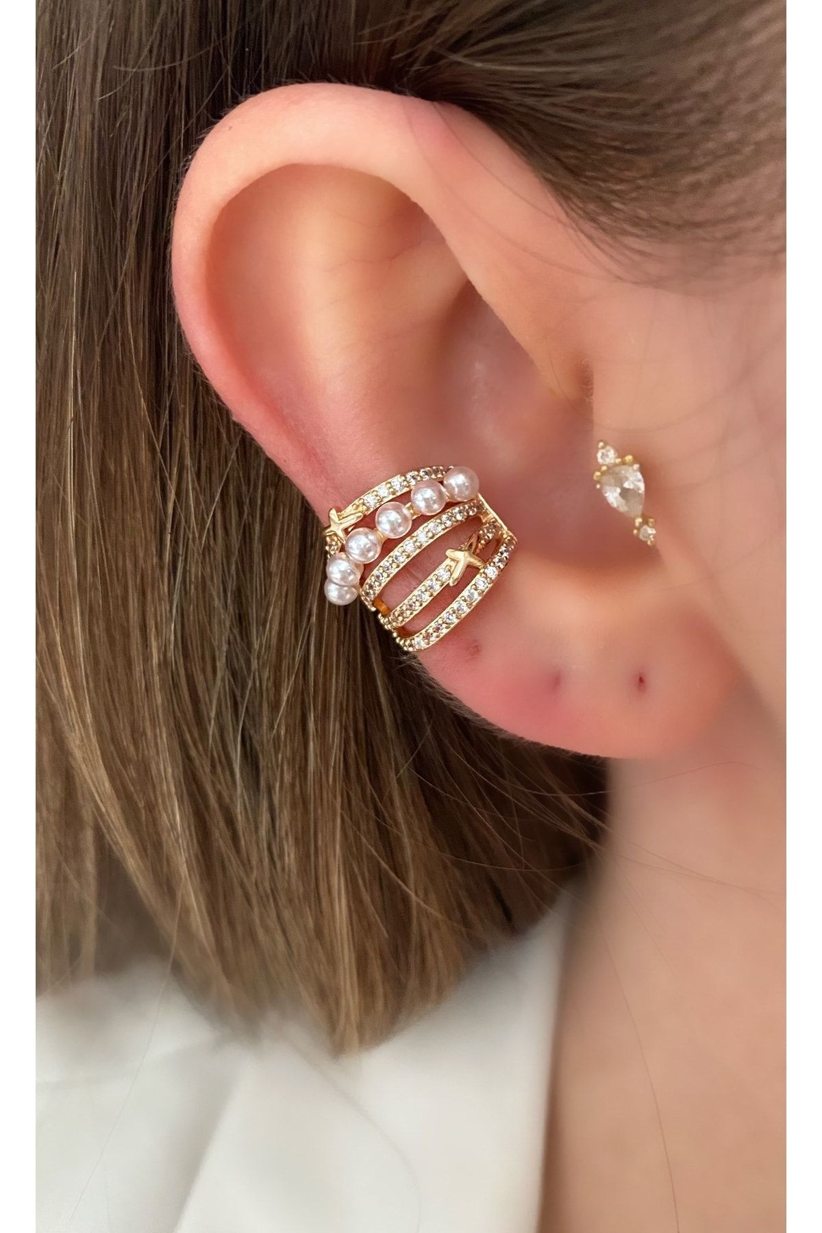 5 Sıra Taşlı Incili Kıkırdak Küpe Earcuff